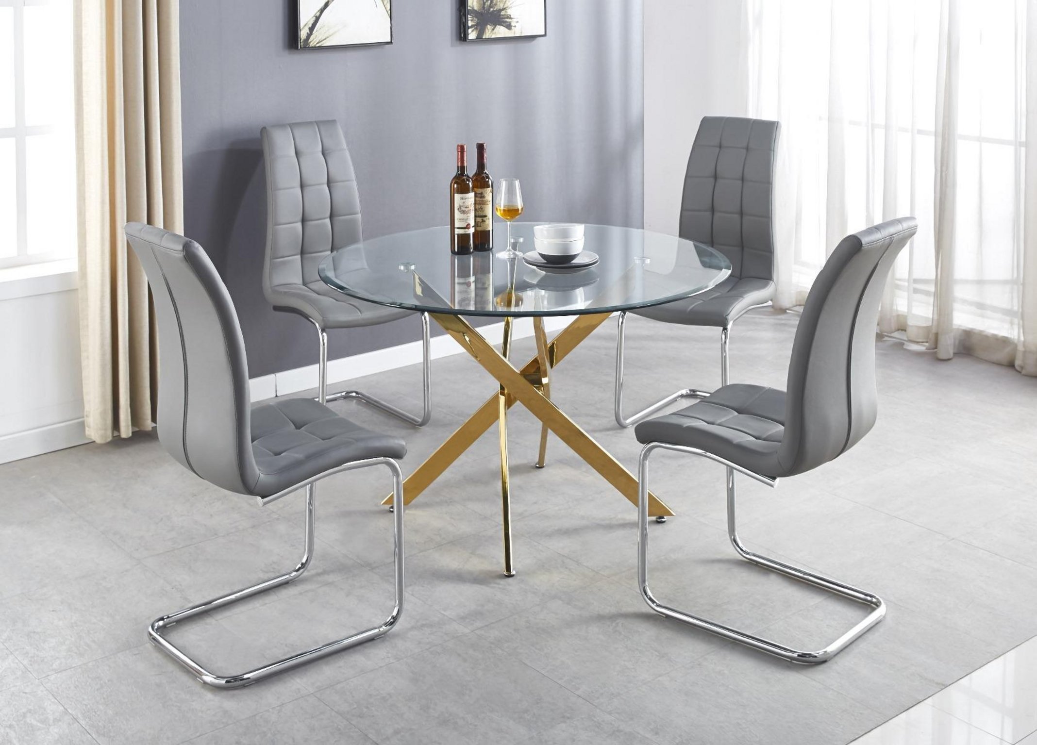 NOVARA Gold Round Tempered Glass Dining Table And 4 Faux Leather Dining Chairs - Picture 112 of 410