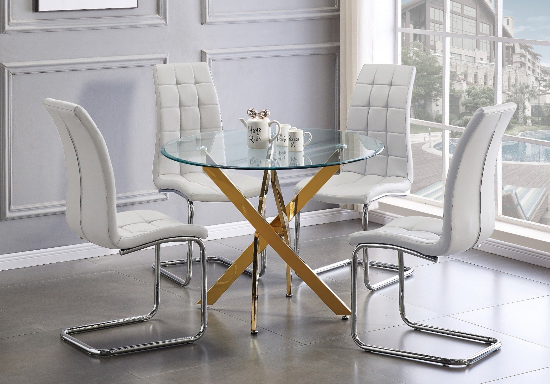 NOVARA Gold Round Tempered Glass Dining Table And 4 Faux Leather Dining Chairs - Picture 13 of 410