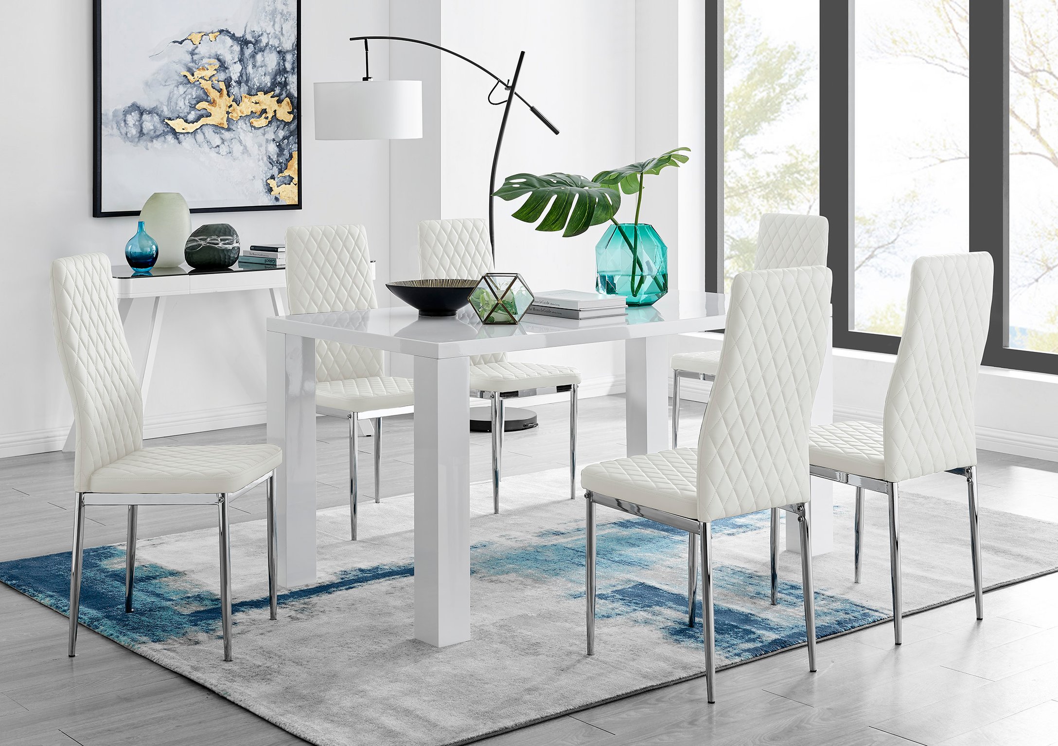 PIVERO White High Gloss Dining Table & 6 Faux Leather Milan Chairs - Picture 3 of 148