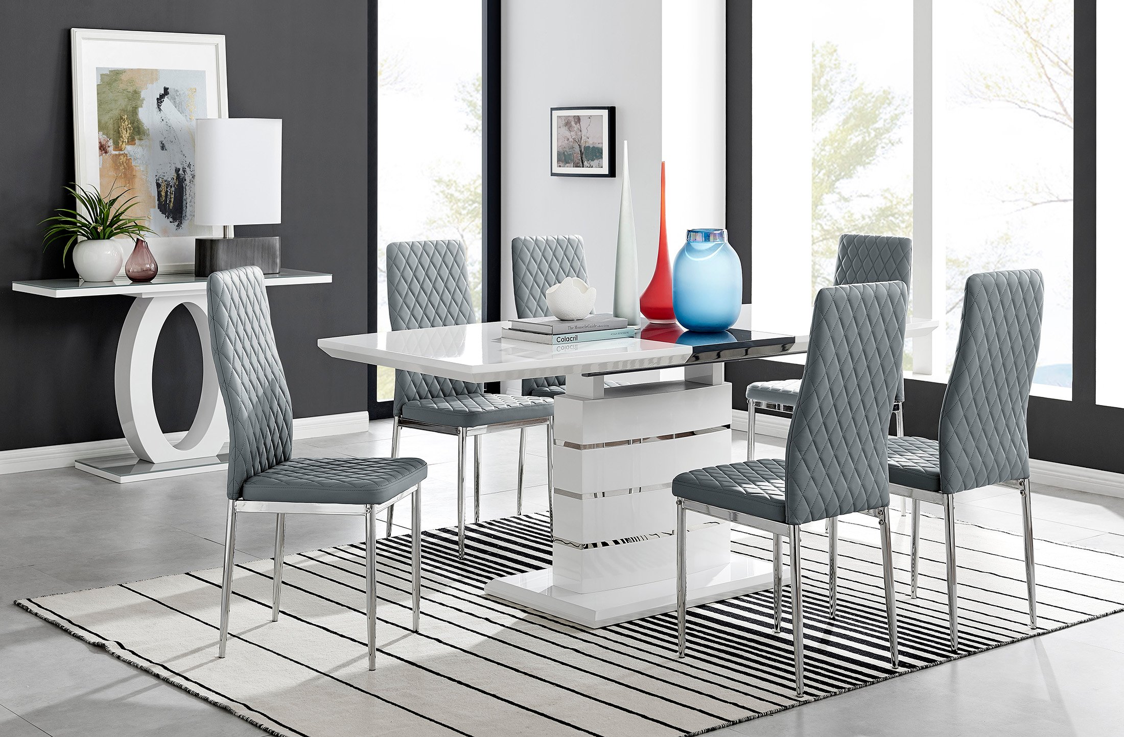 RENATO White Gloss Chrome Extending Dining Table &6/8 Faux Leather Dining Chairs - Picture 235 of 601