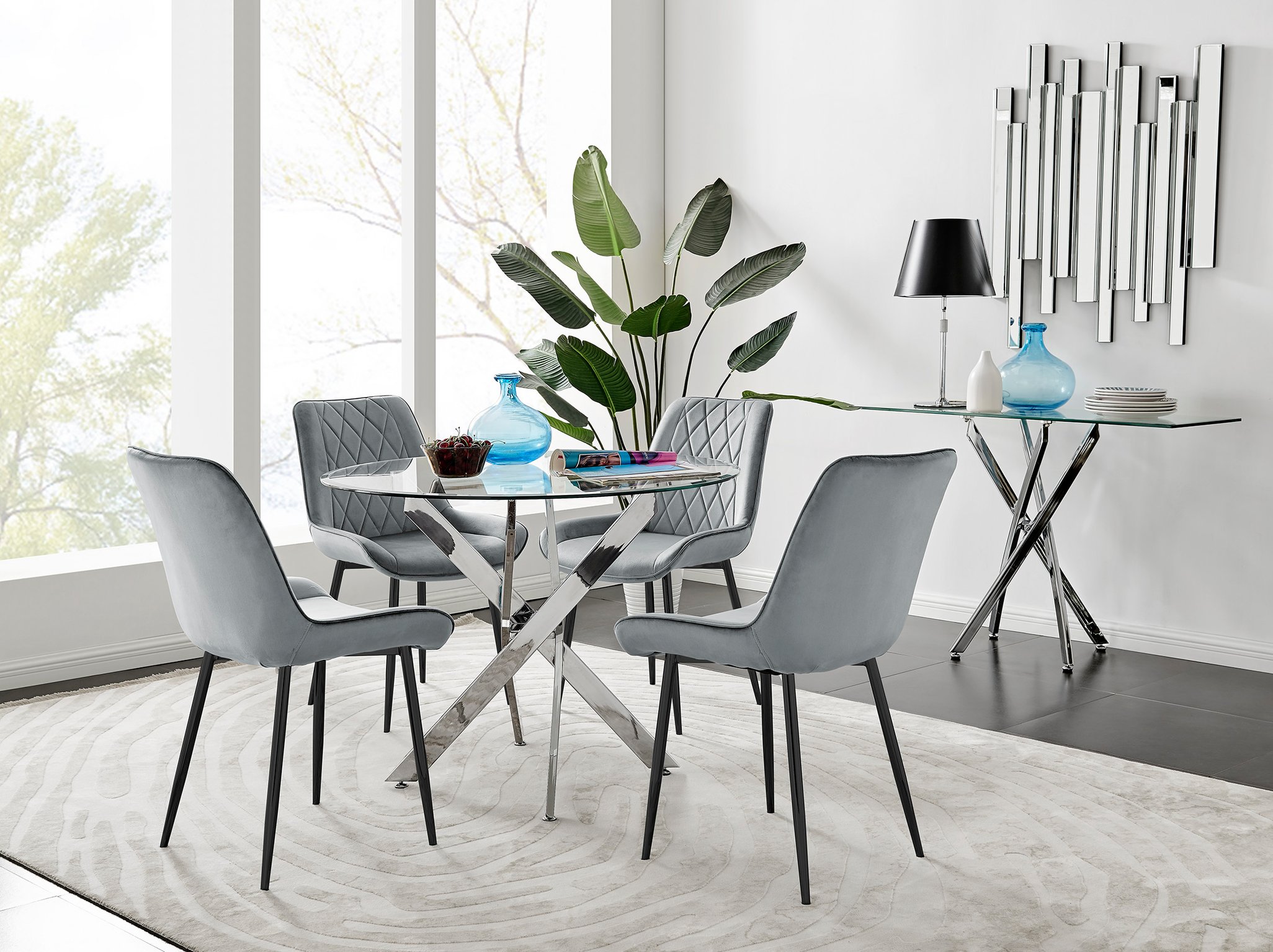 NOVARA Chrome Round Glass Dining Table and 4 Luxury Velvet Dining Chairs - Picture 93 of 248