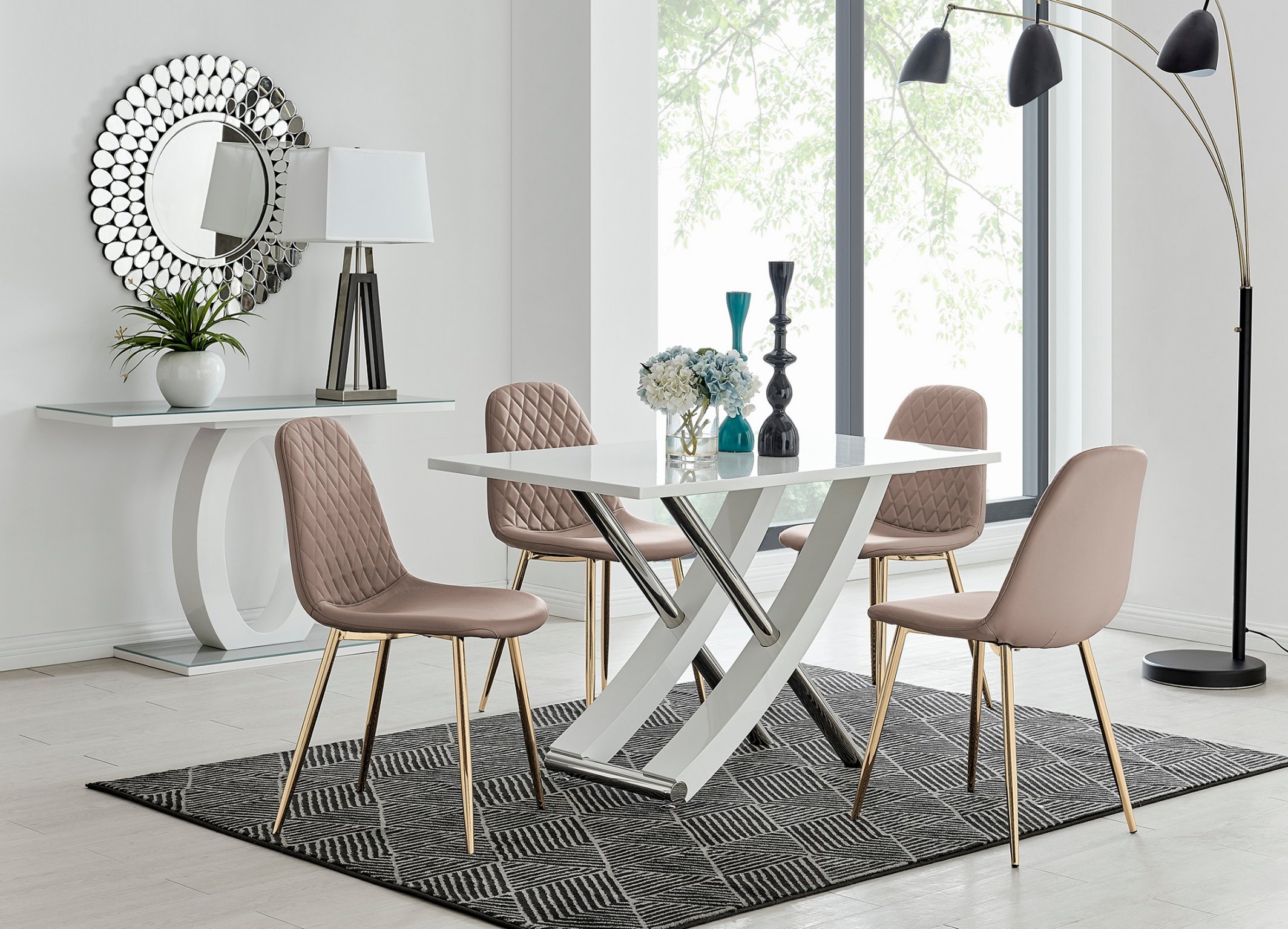 MAYFAIR White High Gloss Chrome Dining Table & 4 Faux Leather Dining Chairs - Picture 71 of 285
