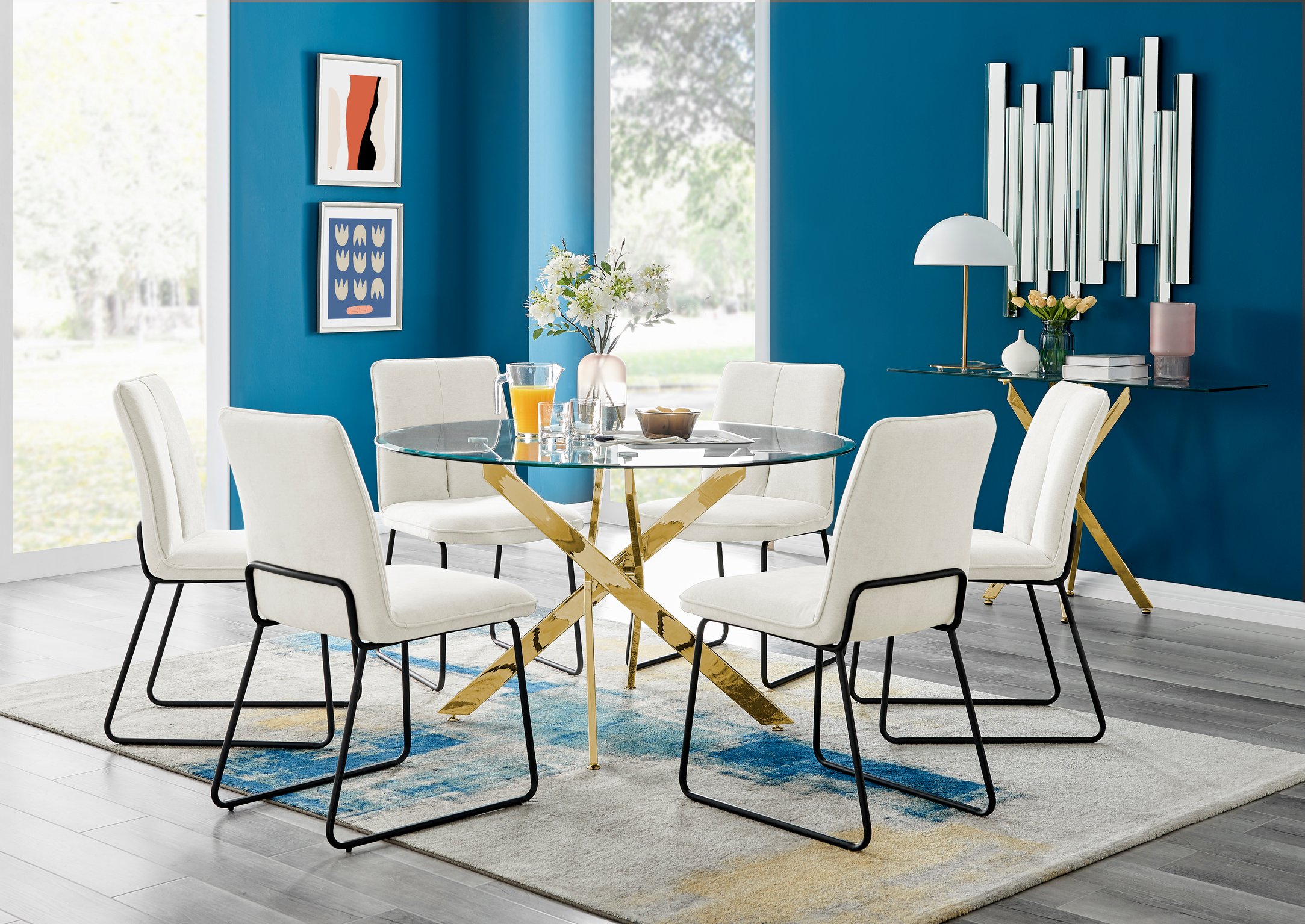 Gold round deals glass dining table