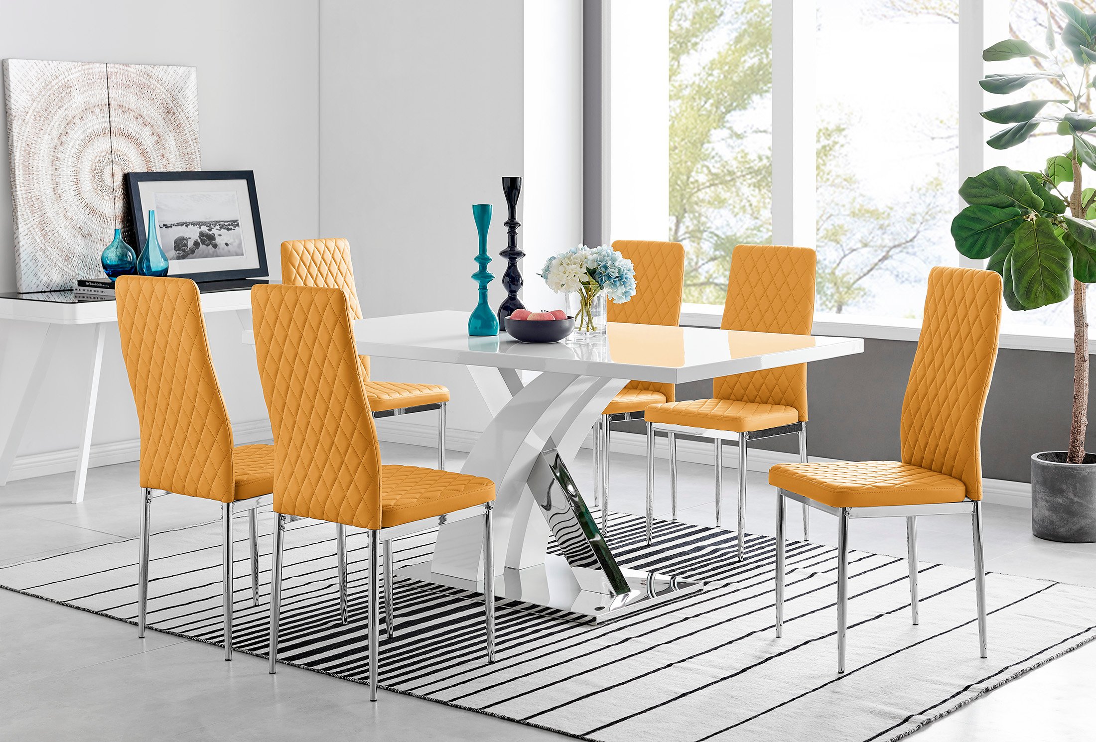 ATLANTA White High Gloss and Chrome Dining Table & 6 Faux Leather Milan Chairs - Picture 38 of 157