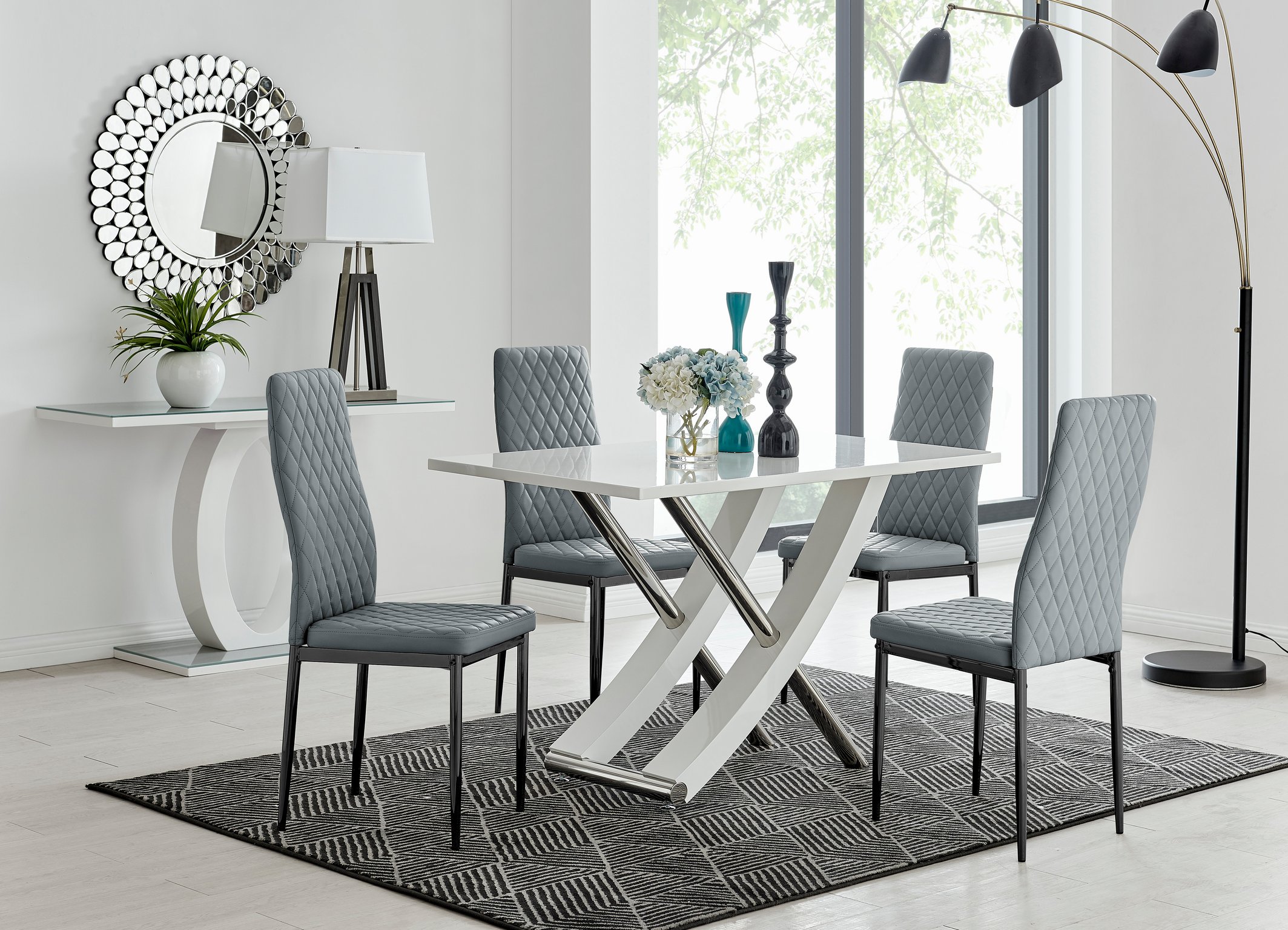 MAYFAIR White High Gloss Chrome Dining Table & 4 Faux Leather Dining Chairs - Picture 167 of 285