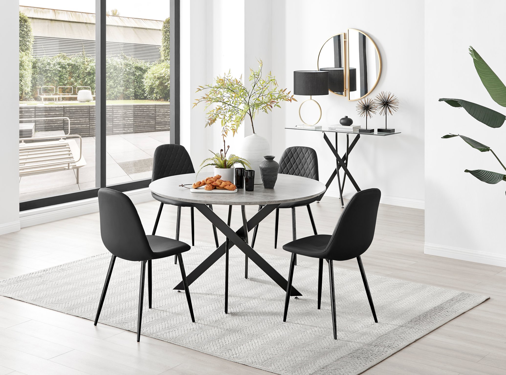 Novara Grey Concrete Effect Round Dining Table 120cm and 4 Corona Chairs Set