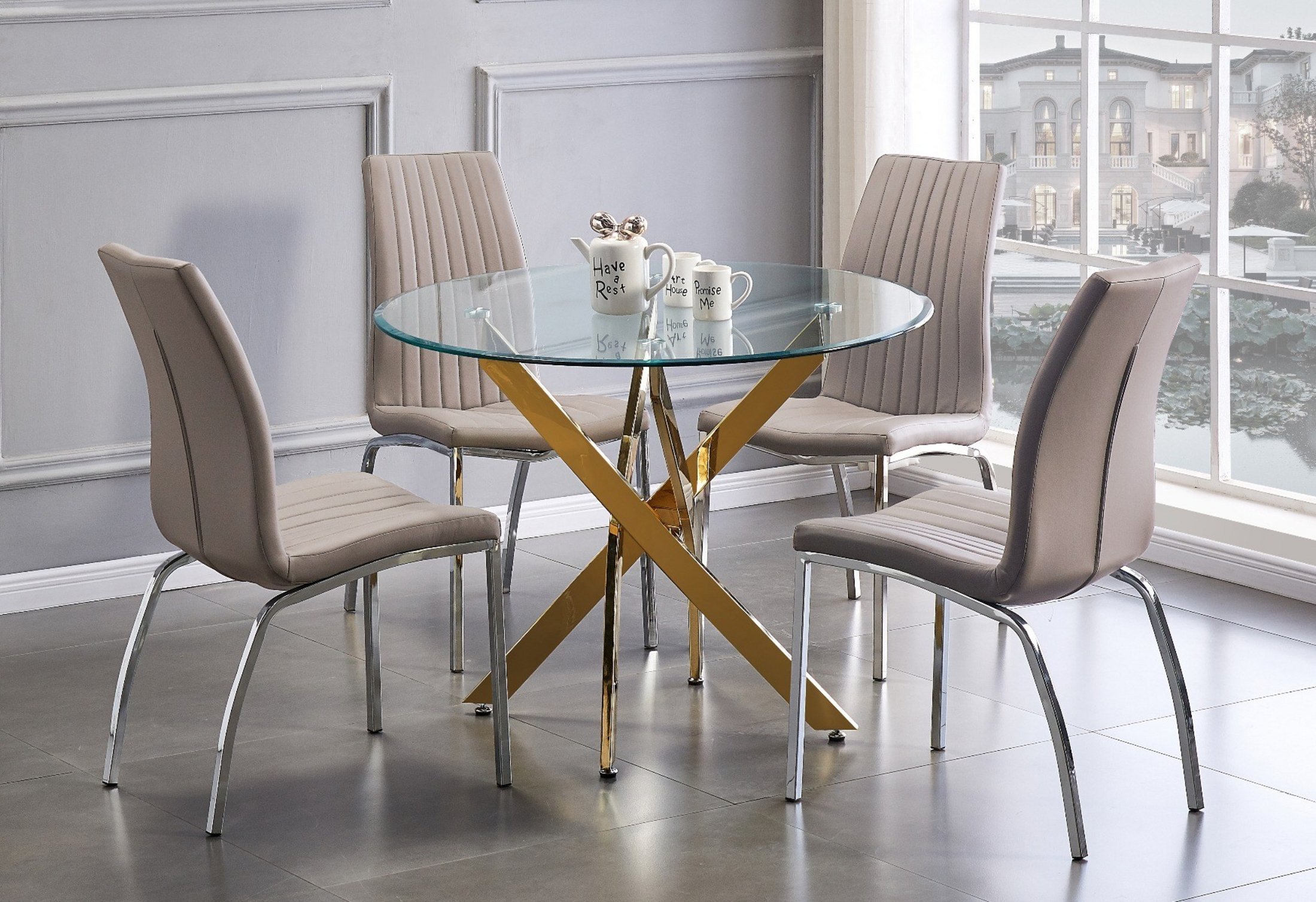 NOVARA Gold Round Tempered Glass Dining Table And 4 Faux Leather Dining Chairs - Picture 34 of 410