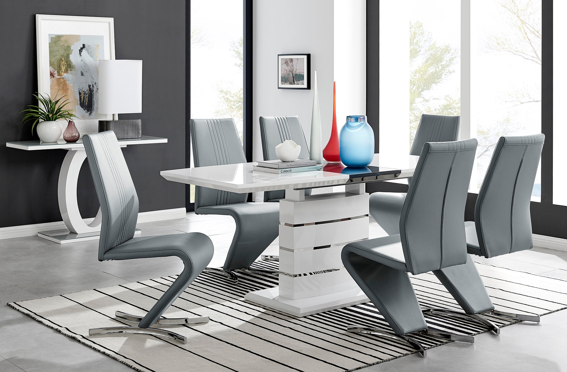 RENATO White Gloss Chrome Extending Dining Table &6/8 Faux Leather Dining Chairs - Picture 292 of 601