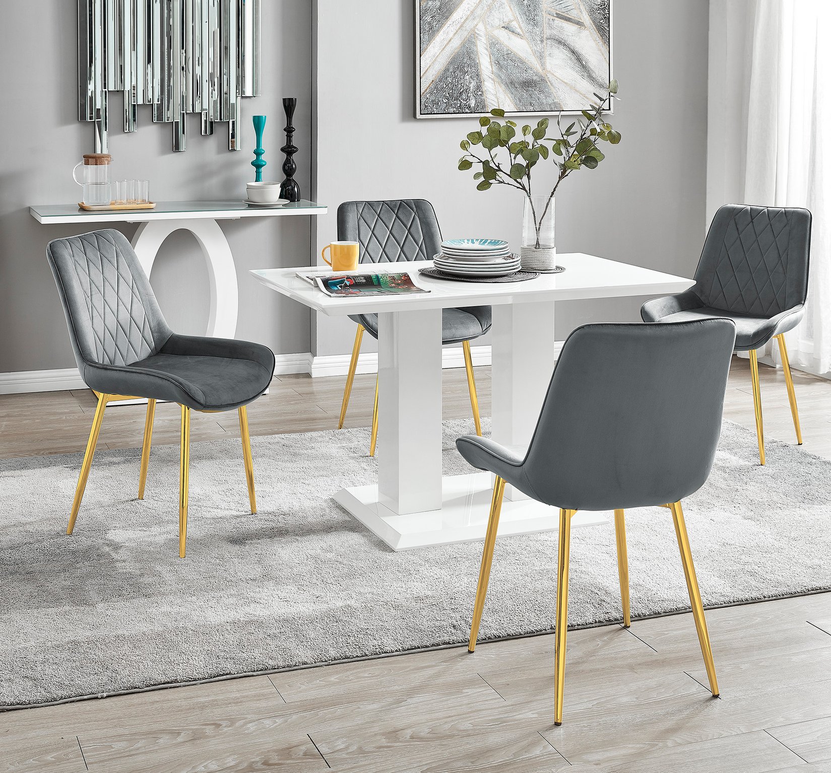 IMPERIA White High Gloss Pillar Dining Table and 4 Velvet Faux Leather Chairs - Picture 165 of 248