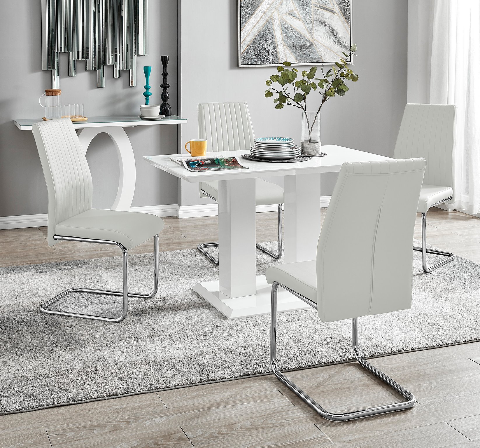 IMPERIA White High Gloss Dining Table & 4 Faux Leather Chrome Lorenzo Chairs - Picture 14 of 53