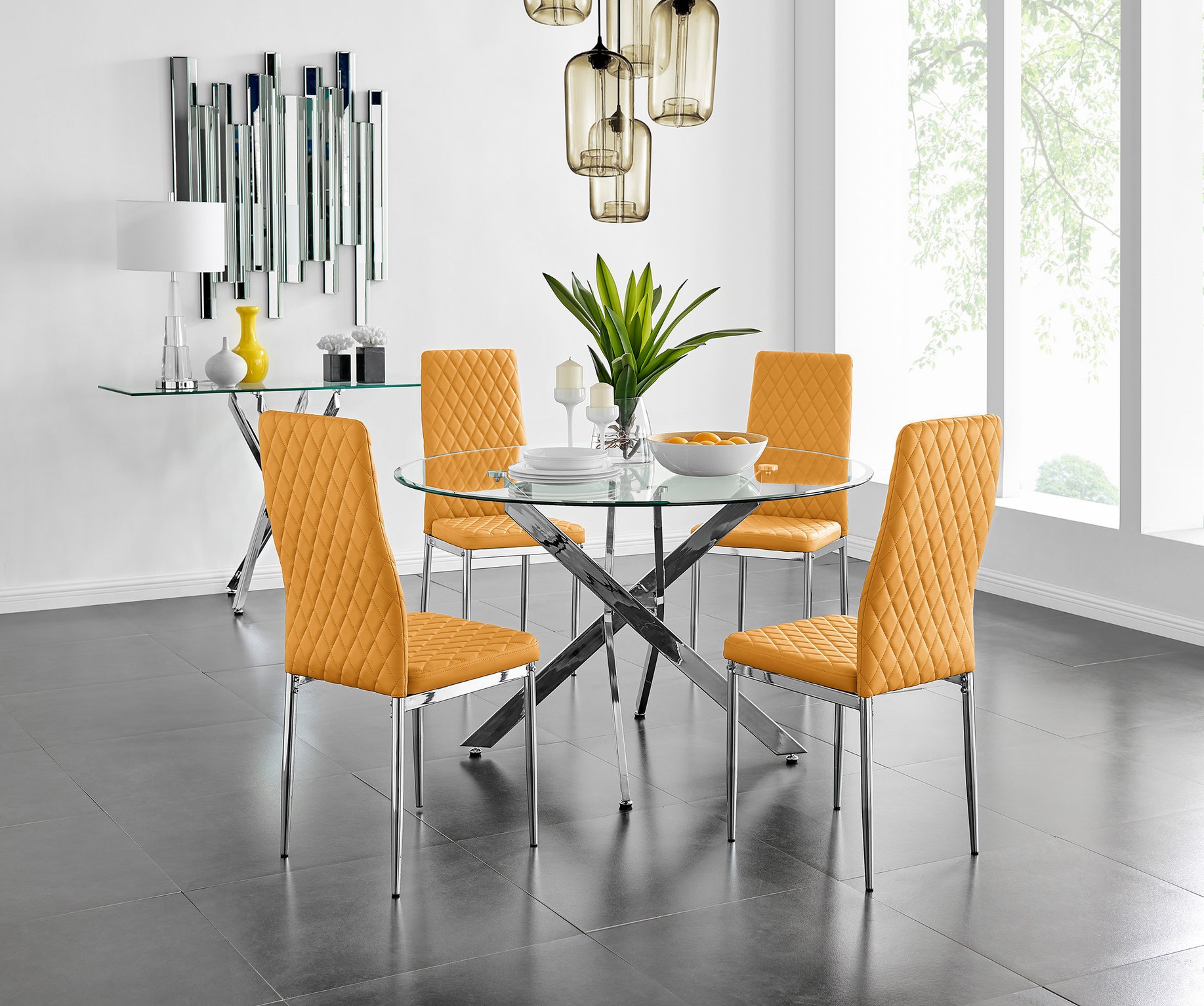 NOVARA Large Round Chrome Glass Dining Table And 4/6 Faux Leather Velvet Chairs