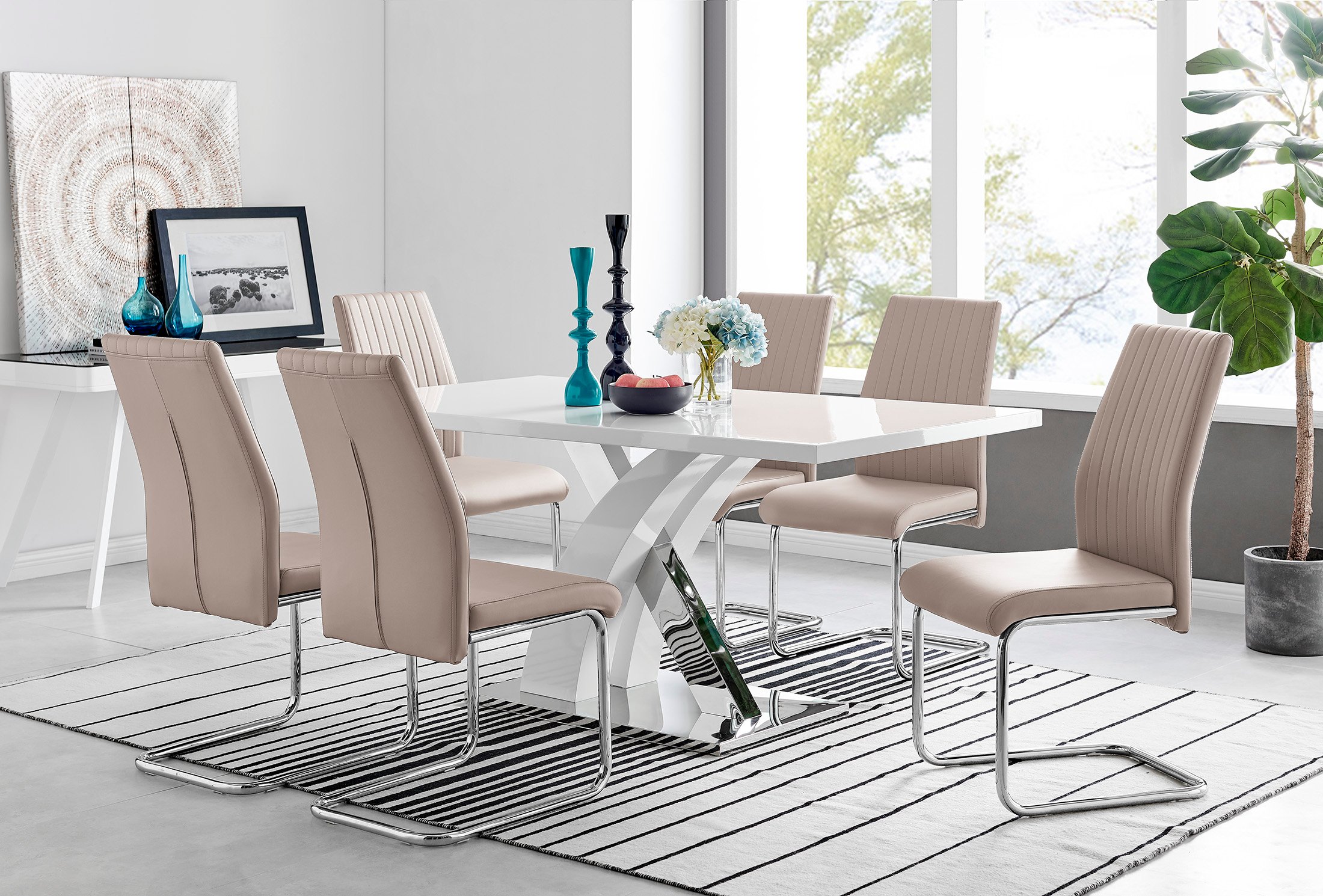 ATLANTA White High Gloss and Chrome Dining Table & 6 Faux Leather Lorenzo Chairs - Picture 26 of 61