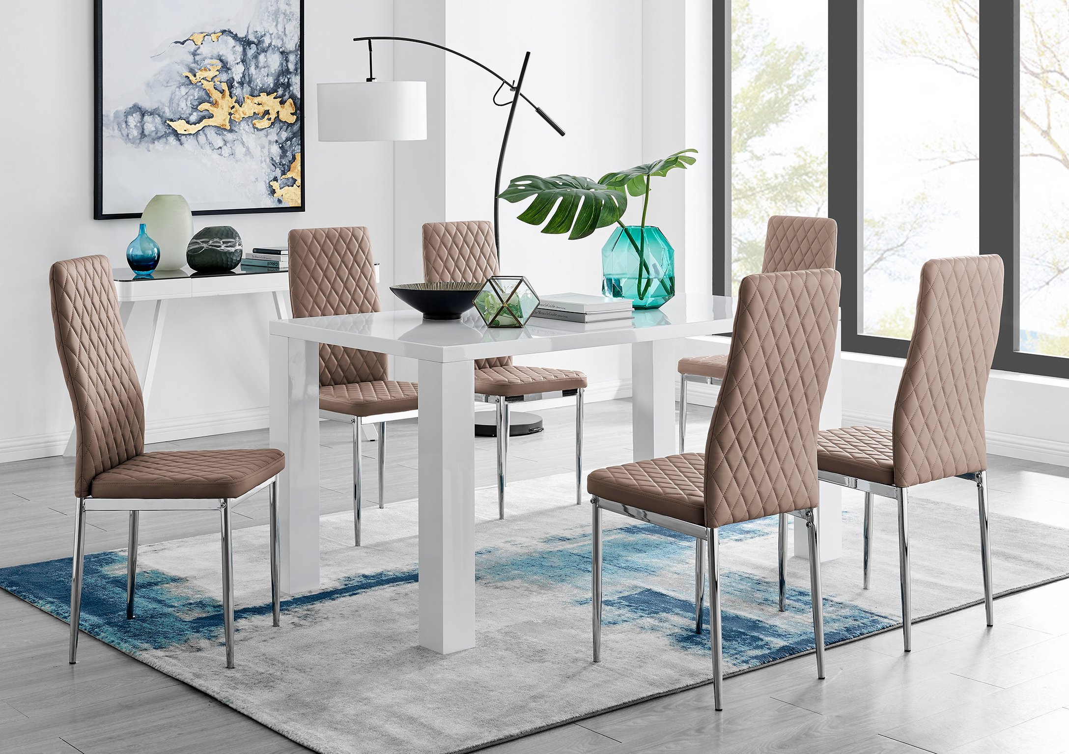 PIVERO White High Gloss Dining Table & 6 Faux Leather Milan Chairs - Picture 51 of 148