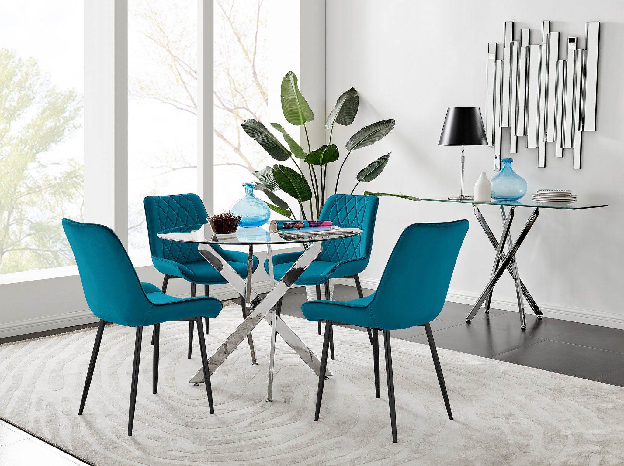 novara chrome round glass dining table