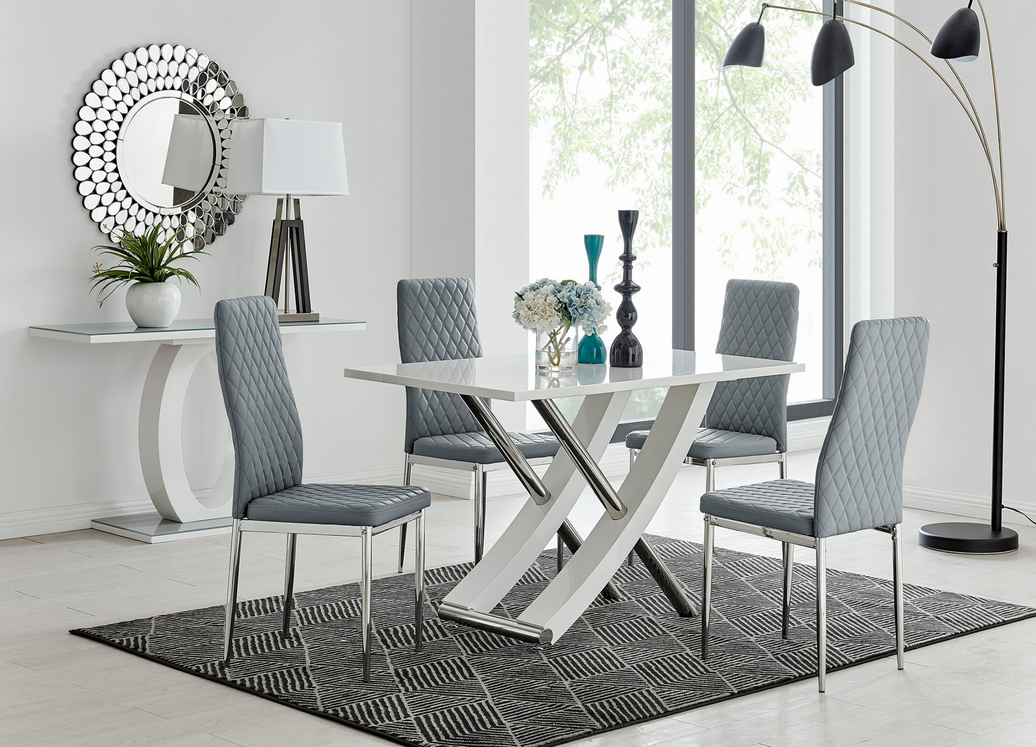 MAYFAIR White High Gloss Chrome Dining Table & 4 Faux Leather Dining Chairs - Picture 155 of 285