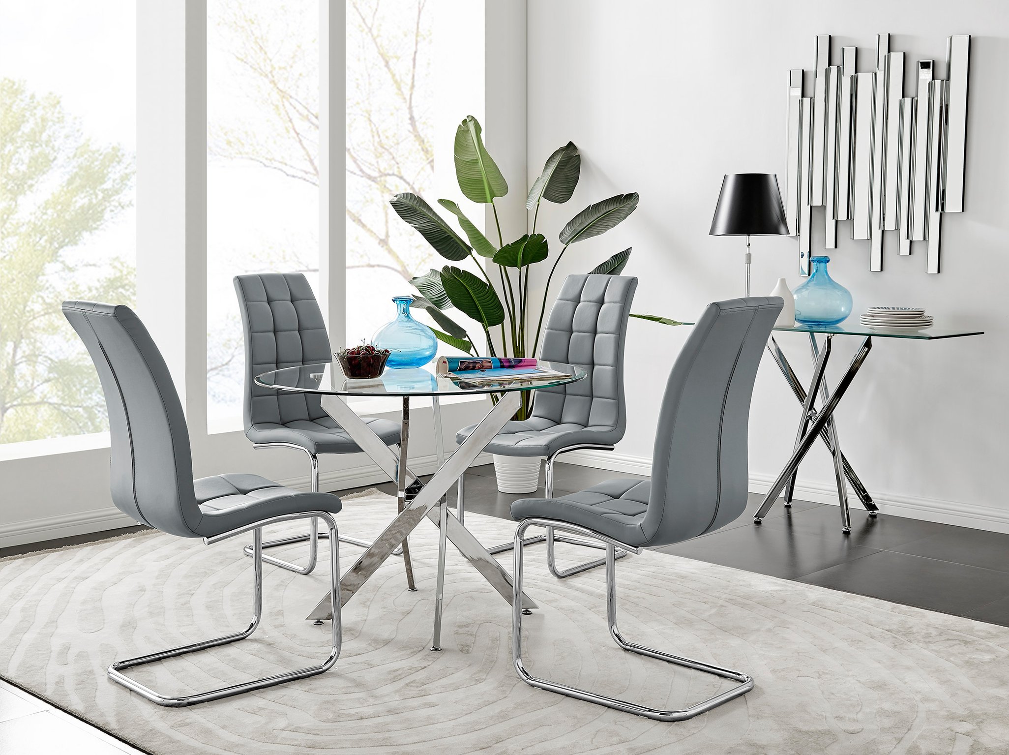 Novara Round Glass Top And Chrome Leg Table And 4 Faux Leather Murano Chairs Set