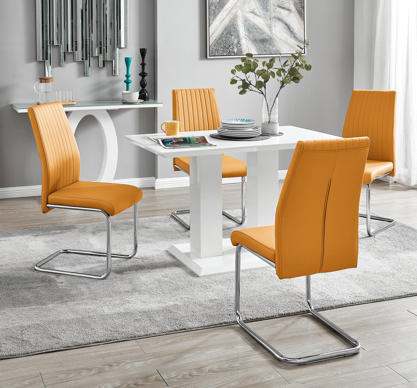 IMPERIA White High Gloss Dining Table & 4 Faux Leather Chrome Lorenzo Chairs - Picture 46 of 53