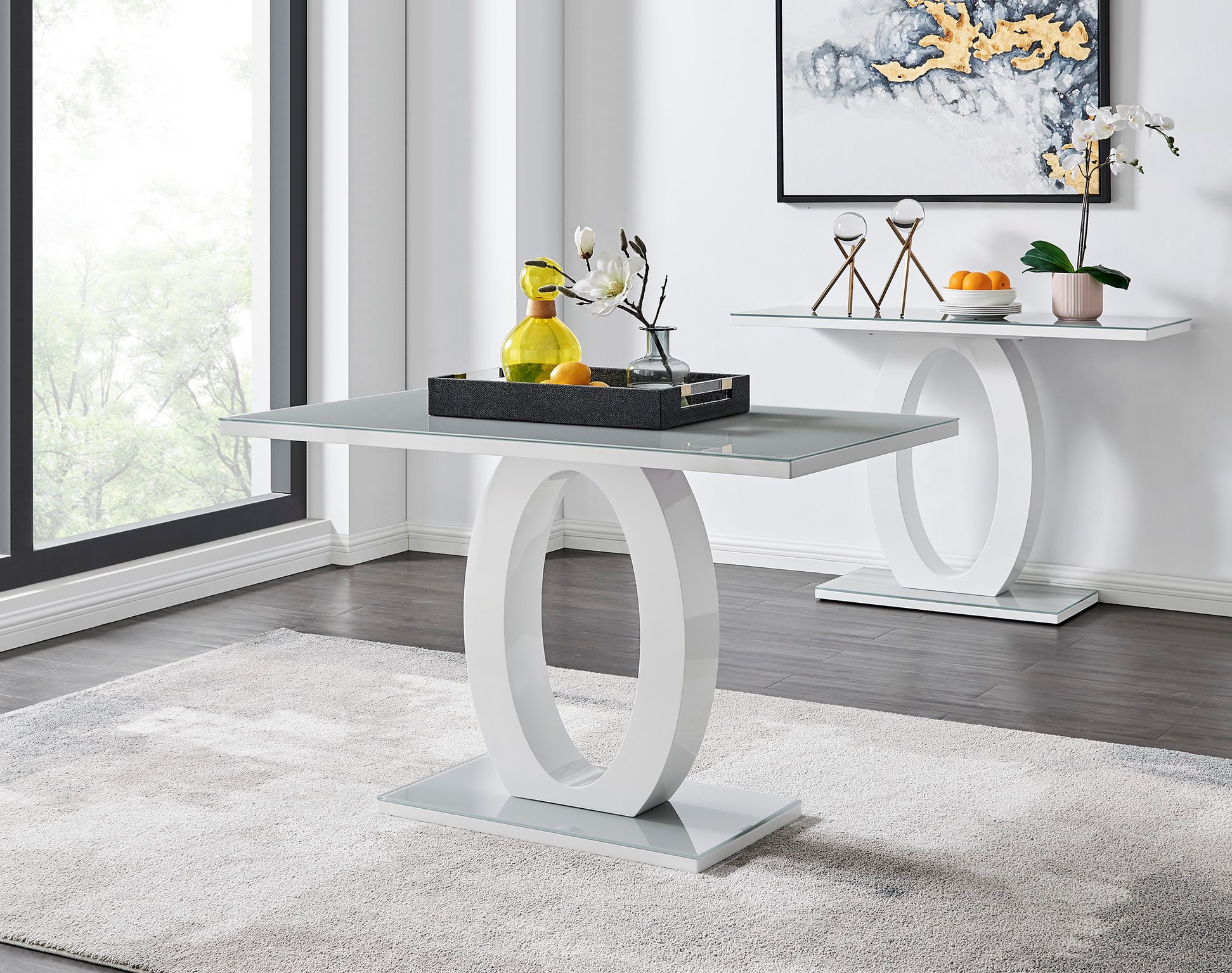 GIOVANI White High Gloss Grey Glass Dining Table & 4 Faux Leather Willow Chairs - Picture 26 of 59