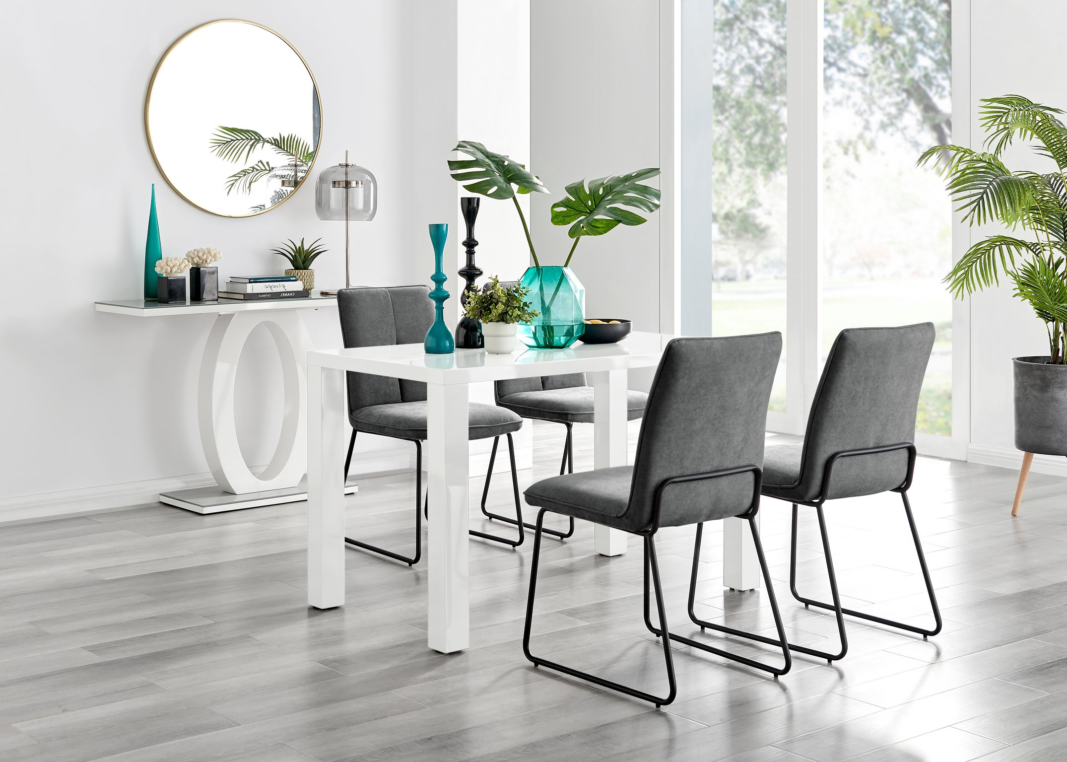 PIVERO White High Gloss Dining Table 120x70cm and 4 Halle Chairs Furniture Set - Picture 20 of 23