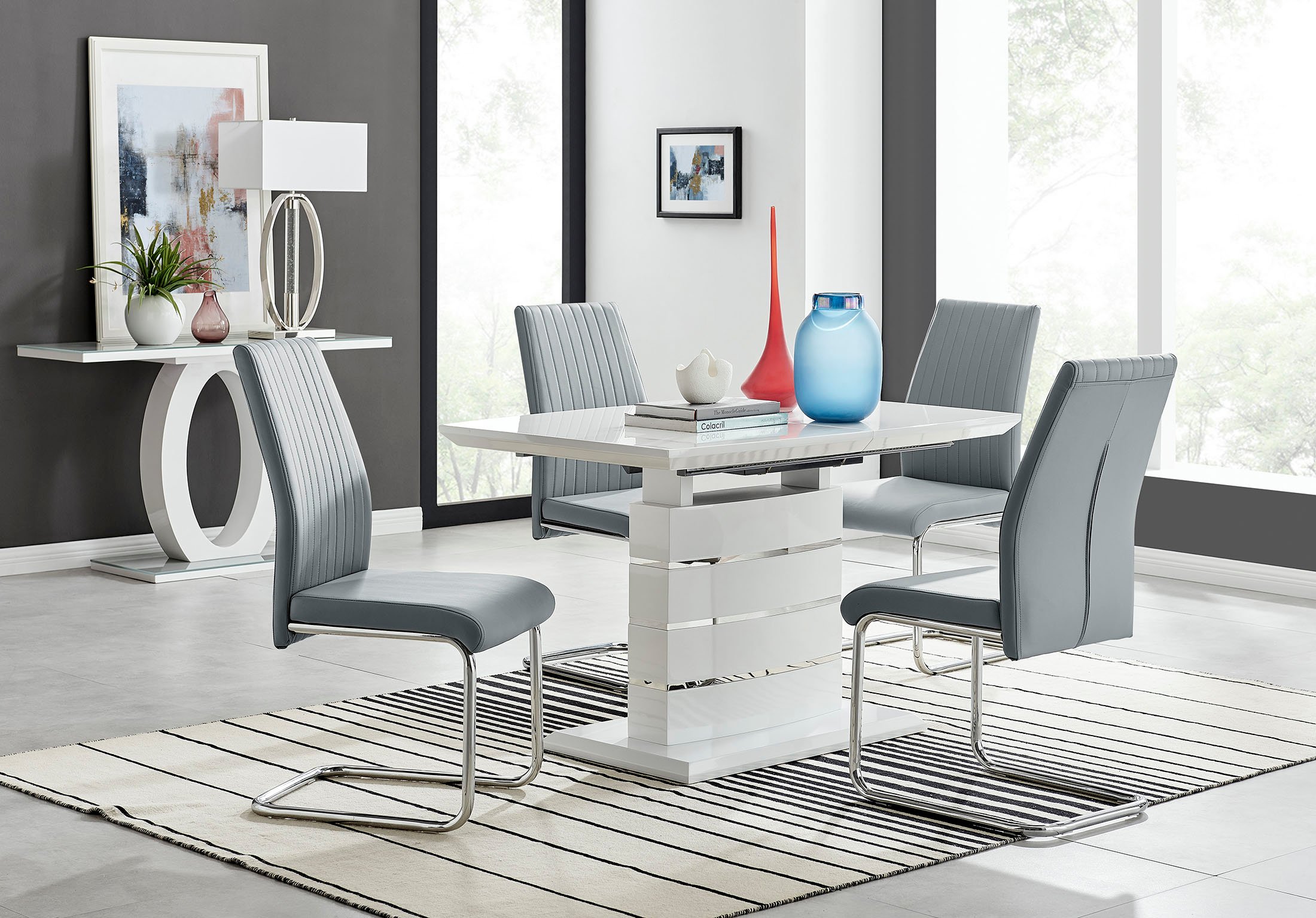 RENATO 120cm White Gloss Extending Dining Table &4/6 Faux Leather Lorenzo Chairs - Picture 85 of 118