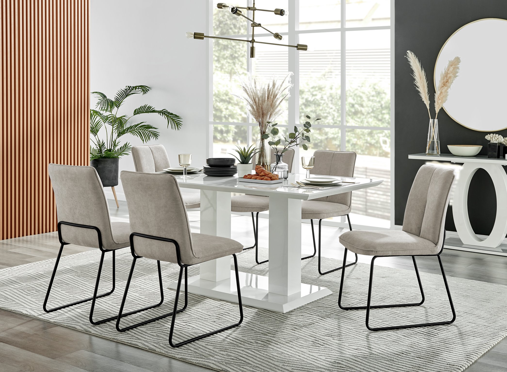 Imperia High Gloss White Dining Table 150x90cm and 6 Halle Chairs Furniture Set - Picture 10 of 38