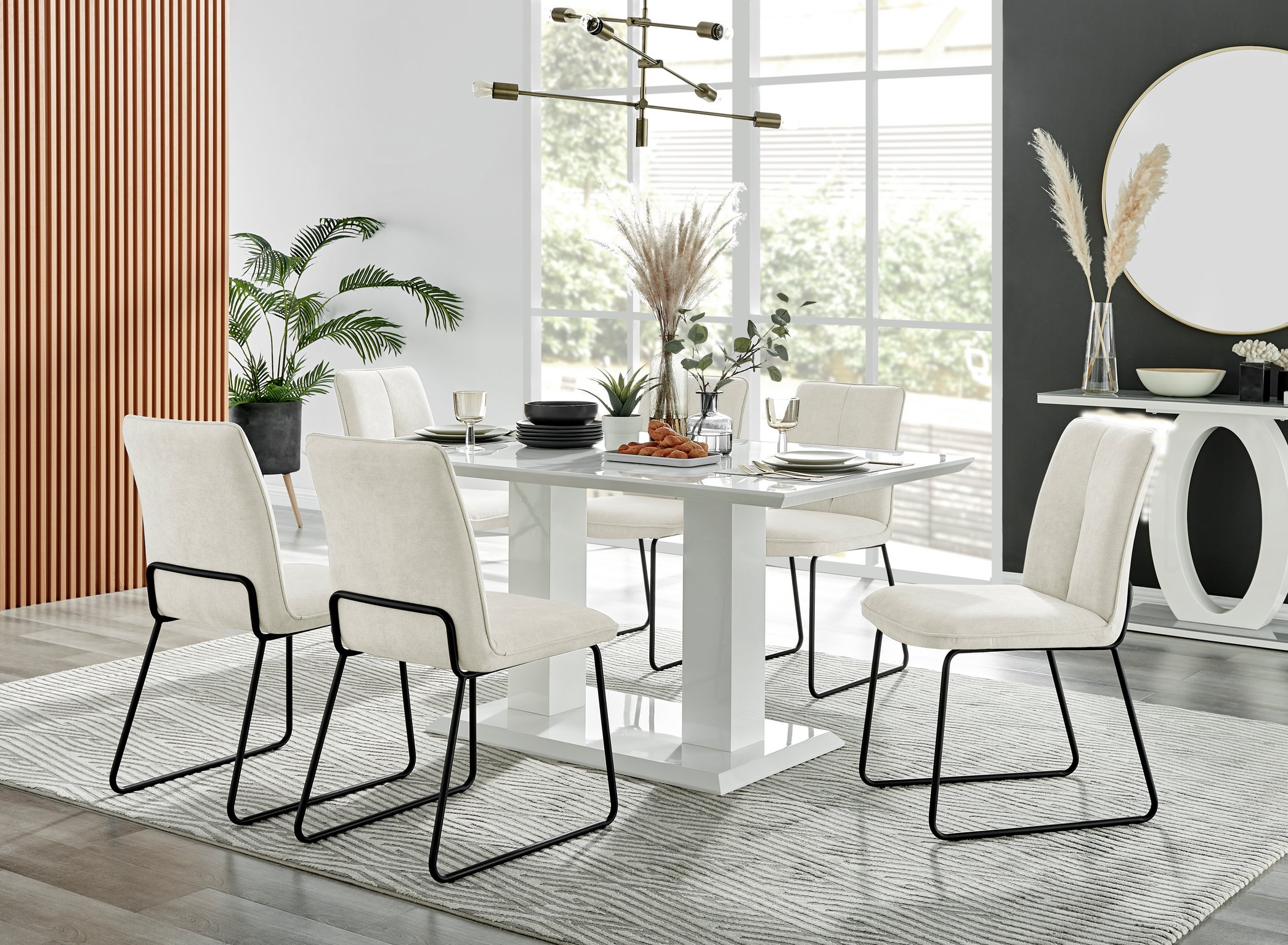 Imperia High Gloss White Dining Table 150x90cm and 6 Halle Chairs Furniture Set - Picture 3 of 38