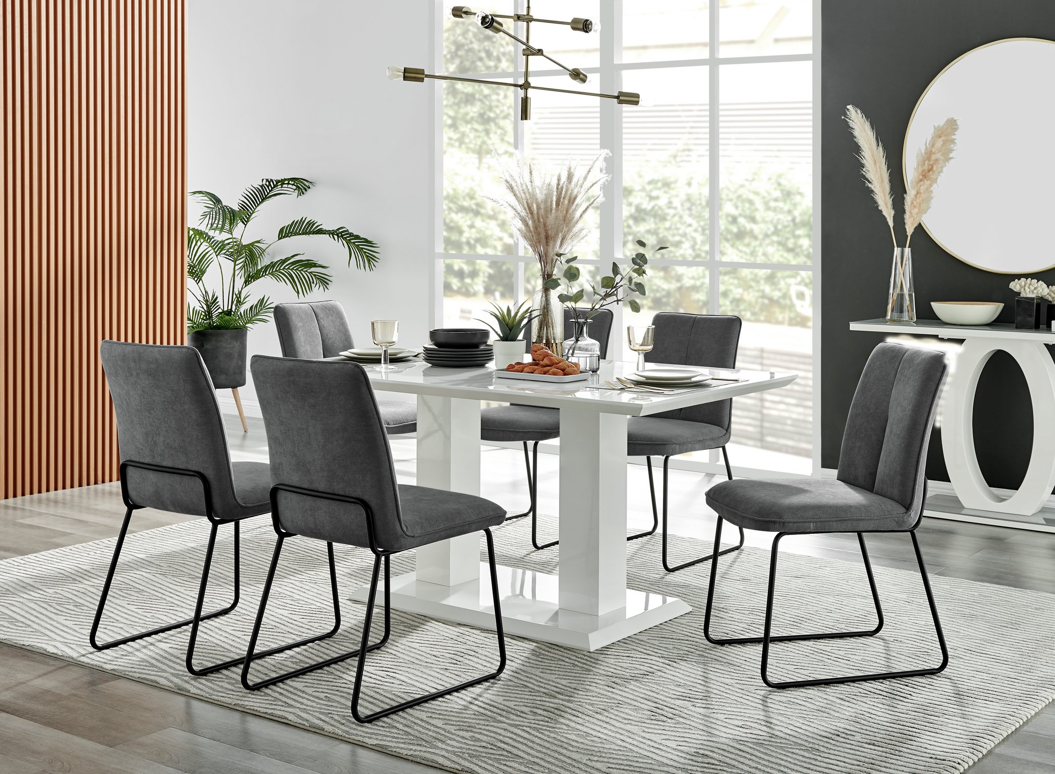 Imperia High Gloss White Dining Table 150x90cm and 6 Halle Chairs Furniture Set - Picture 30 of 38