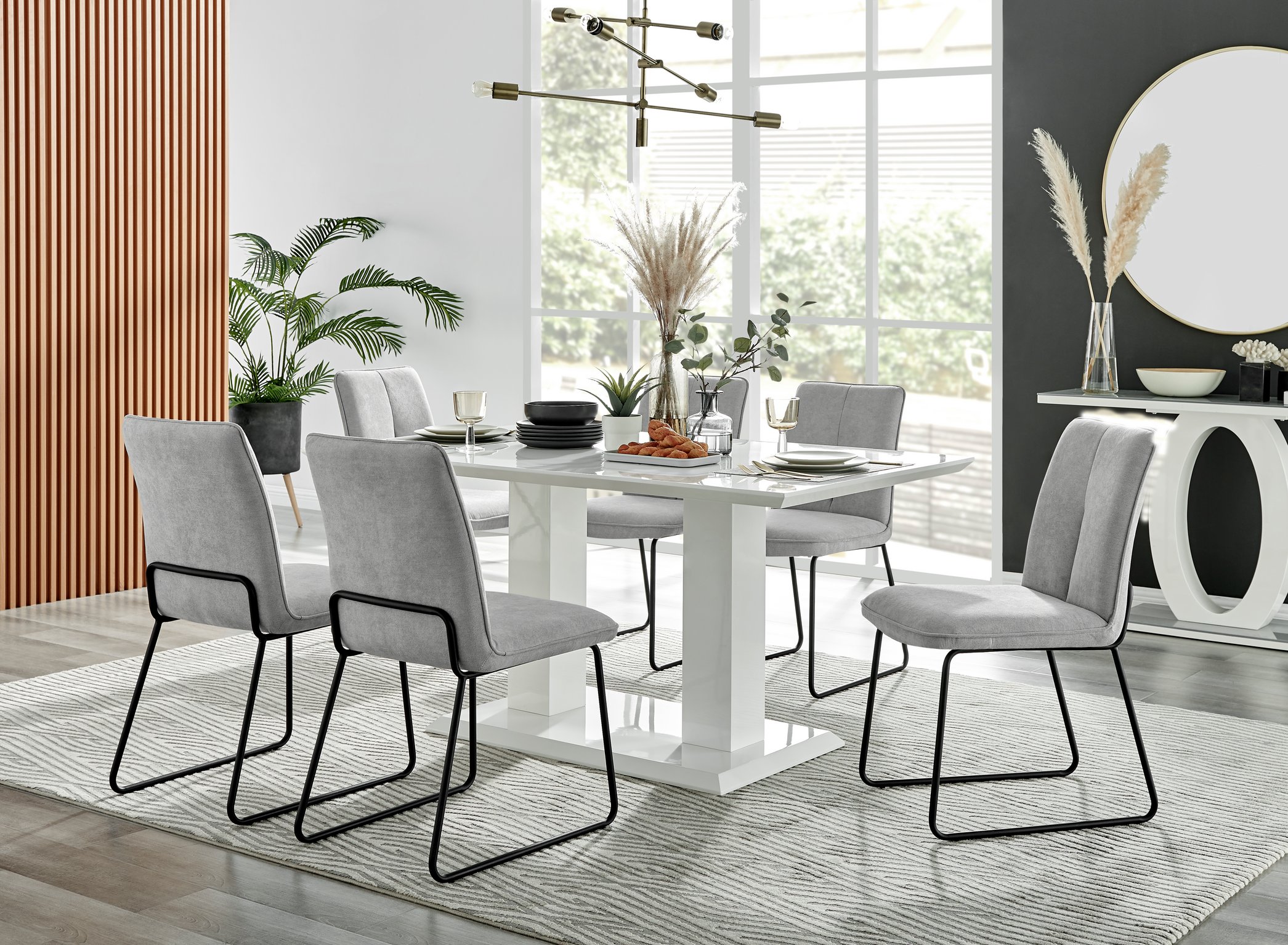 Imperia High Gloss White Dining Table 150x90cm and 6 Halle Chairs Furniture Set - Picture 21 of 38