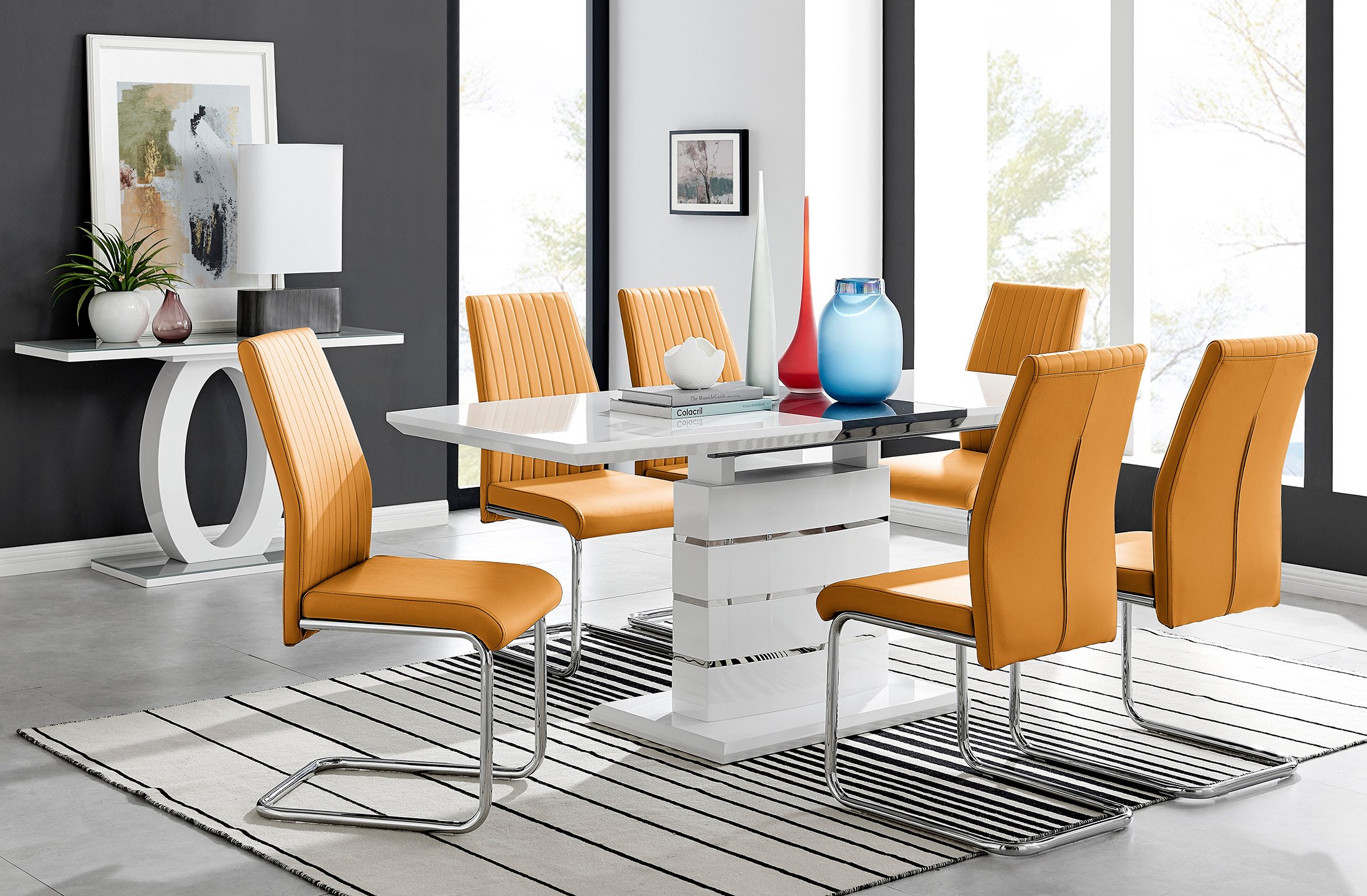 RENATO White Gloss Chrome Extending Dining Table &6/8 Faux Leather Dining Chairs - Picture 157 of 601