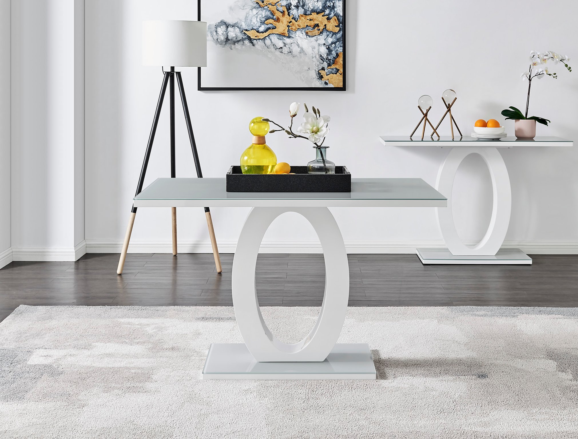 GIOVANI White High Gloss Grey Glass Dining Table & 4 Faux Leather Willow Chairs - Picture 27 of 59
