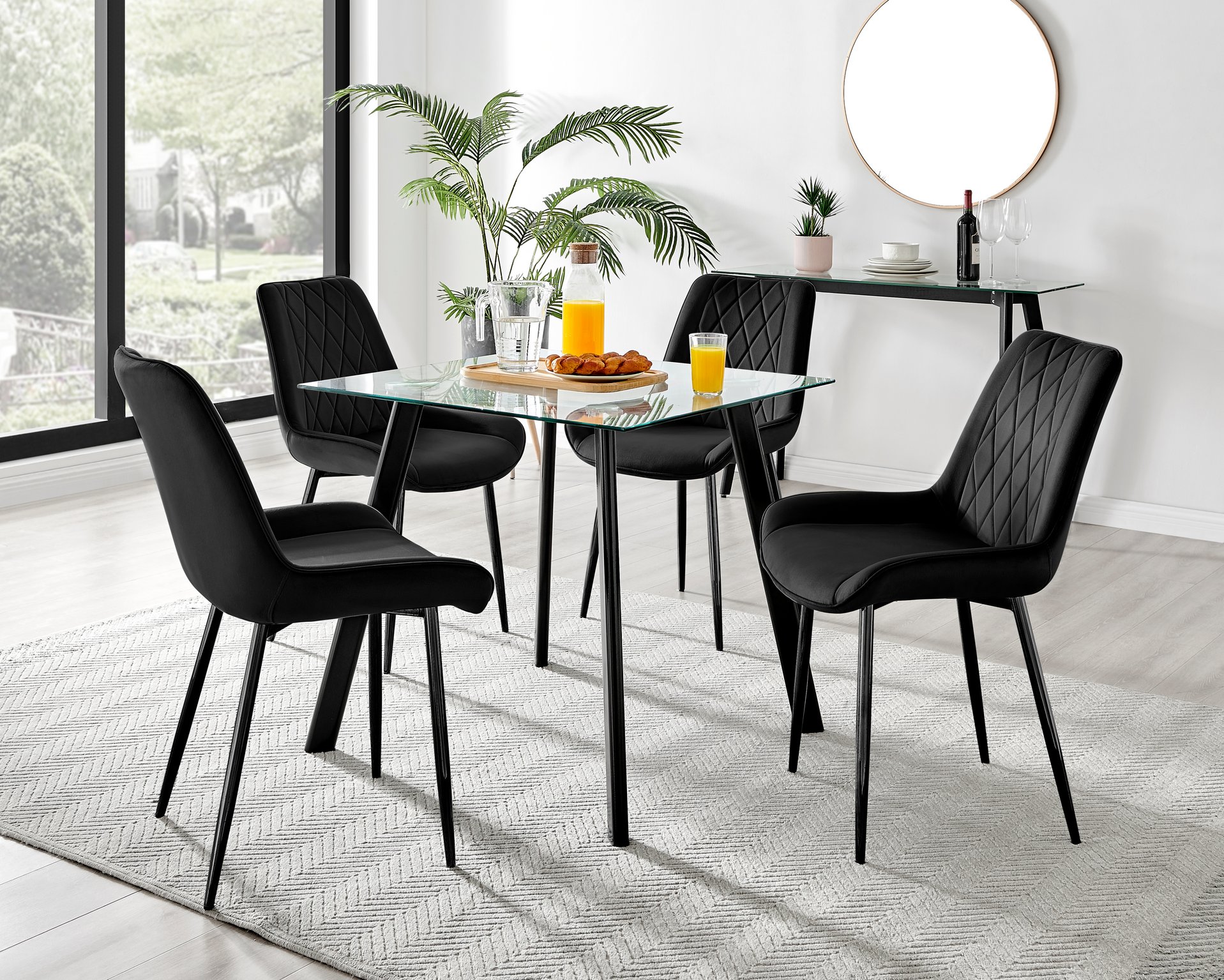 Seattle Glass and Black Leg Square Dining Table 4 Velvet Pesaro Black Leg Chairs - Picture 49 of 96
