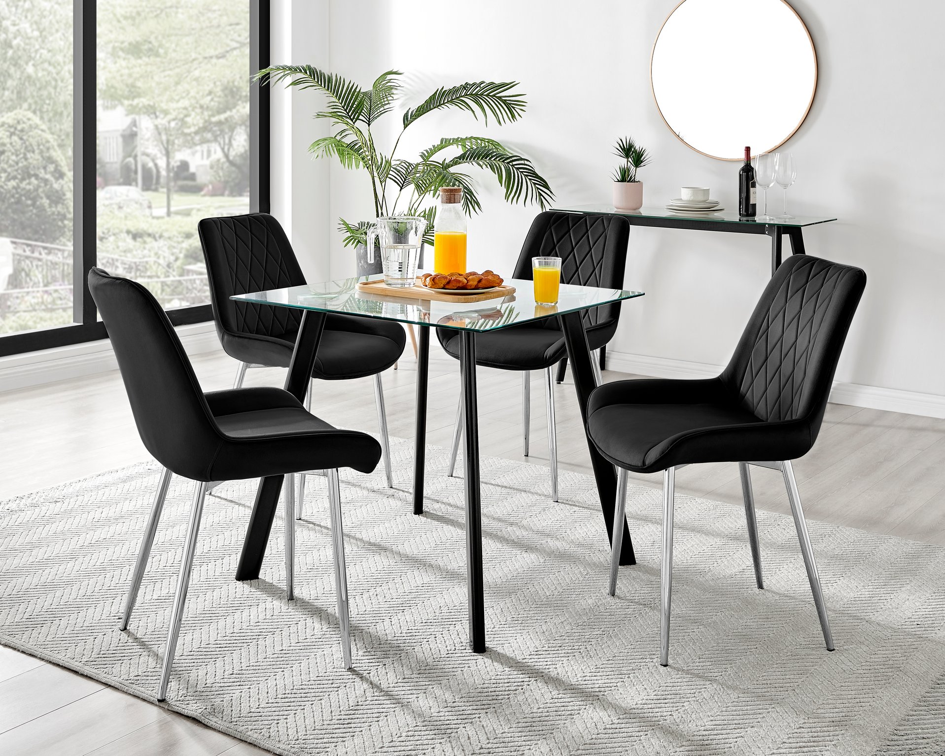 Seattle Glass and Black Leg Square Dining Table & 4 Velvet Pesaro Silver Chairs - Picture 49 of 96