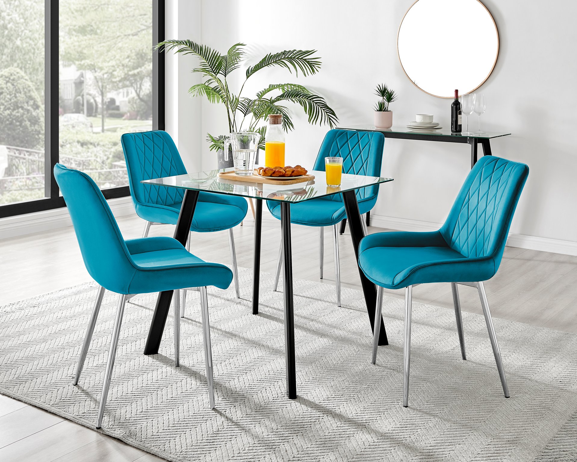 Seattle Glass and Black Leg Square Dining Table & 4 Velvet Pesaro Silver Chairs - Picture 85 of 96
