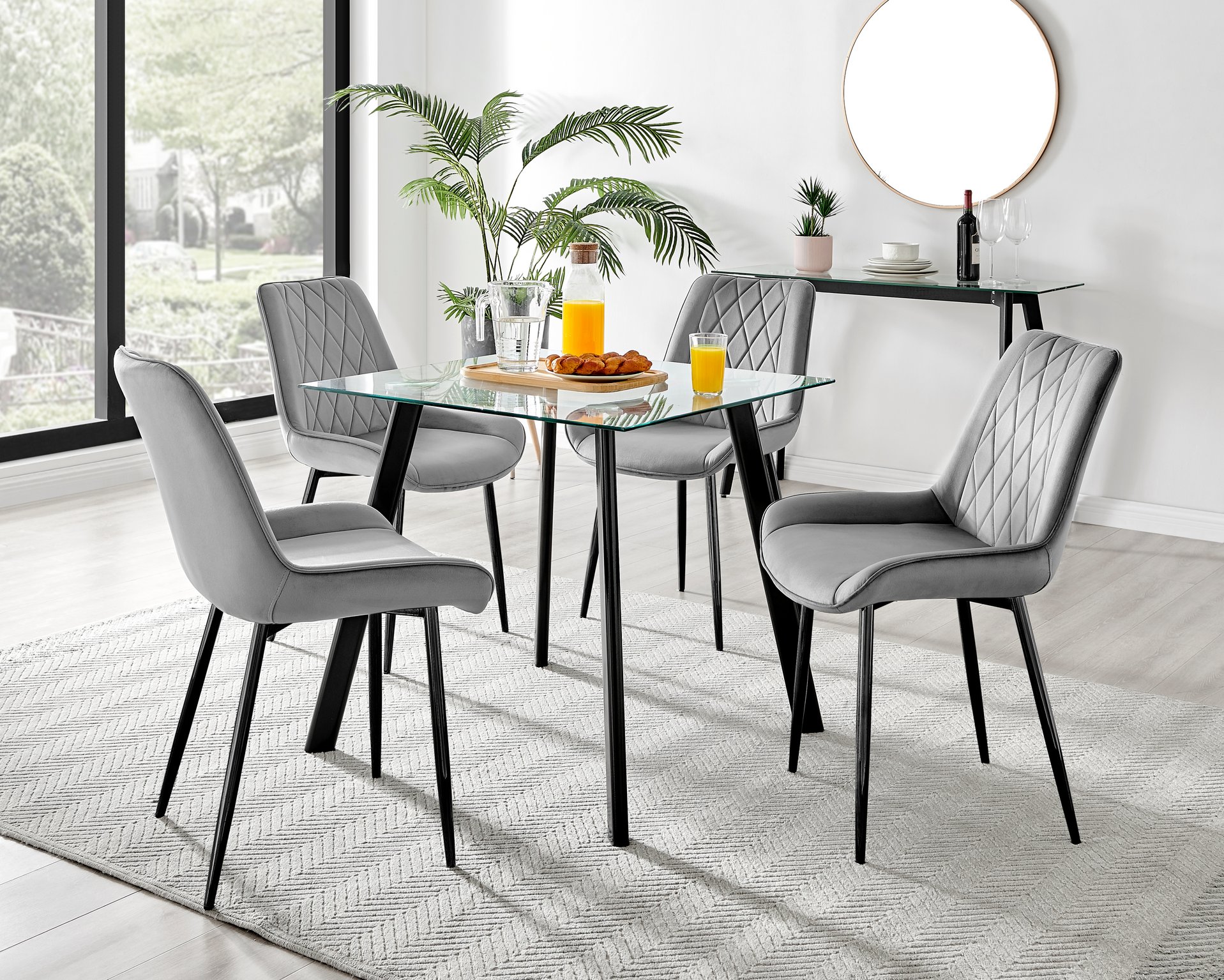 Seattle Glass and Black Leg Square Dining Table 4 Velvet Pesaro Black Leg Chairs - Picture 61 of 96