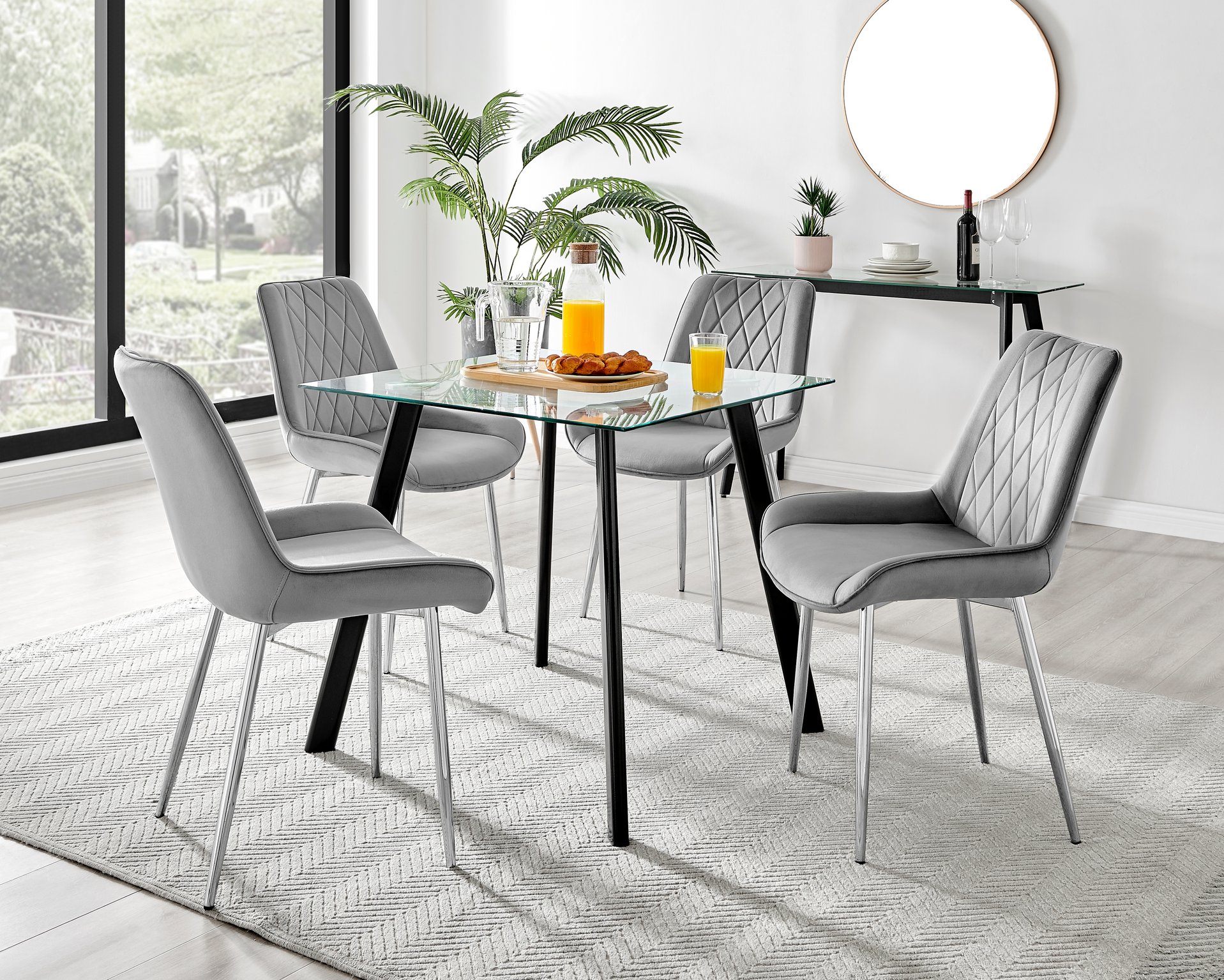 Seattle Glass and Black Leg Square Dining Table & 4 Velvet Pesaro Silver Chairs - Picture 61 of 96