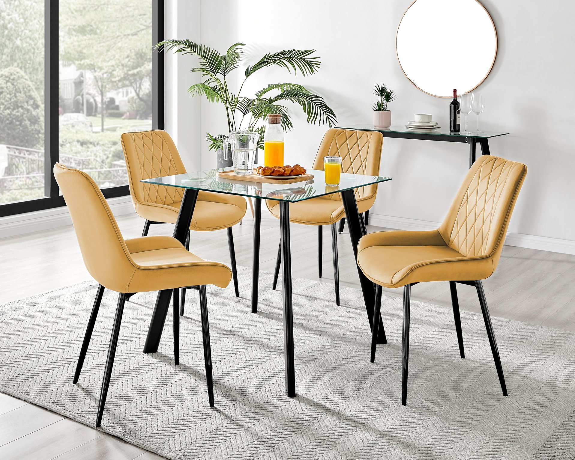 Seattle Glass and Black Leg Square Dining Table 4 Velvet Pesaro Black Leg Chairs - Picture 13 of 96