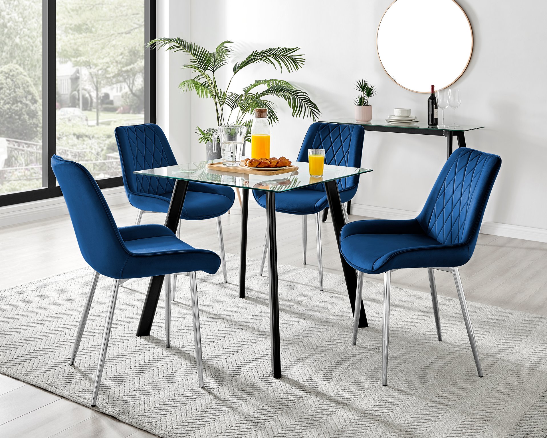 Seattle Glass and Black Leg Square Dining Table & 4 Velvet Pesaro Silver Chairs - Picture 37 of 96