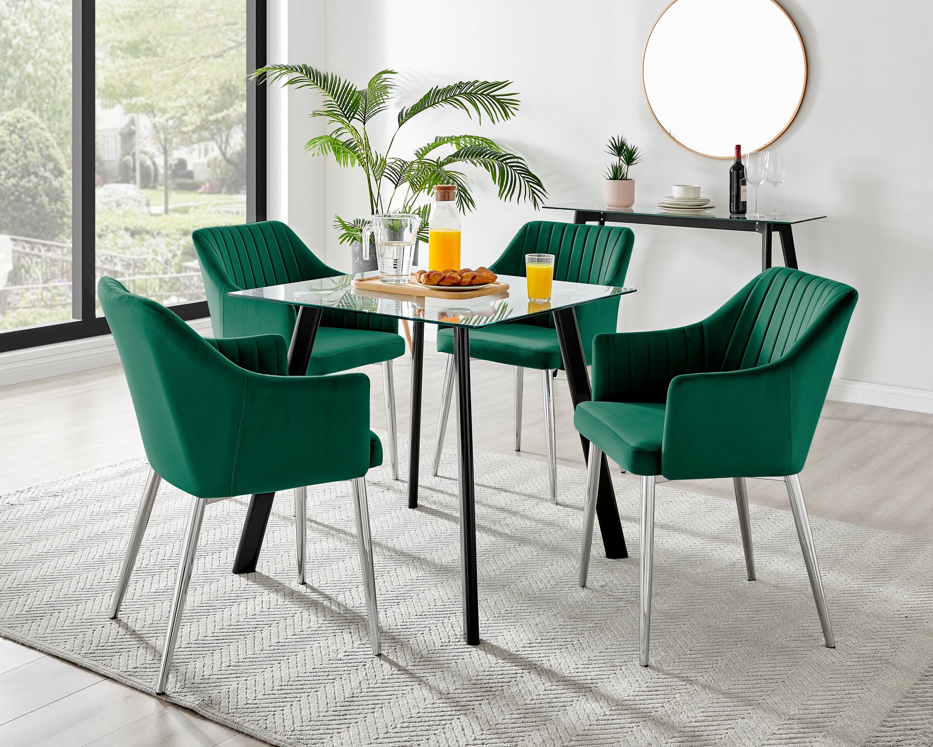 Seattle Glass and Black Leg Square Dining Table & 4 Calla Silver Leg Chairs - Picture 48 of 71