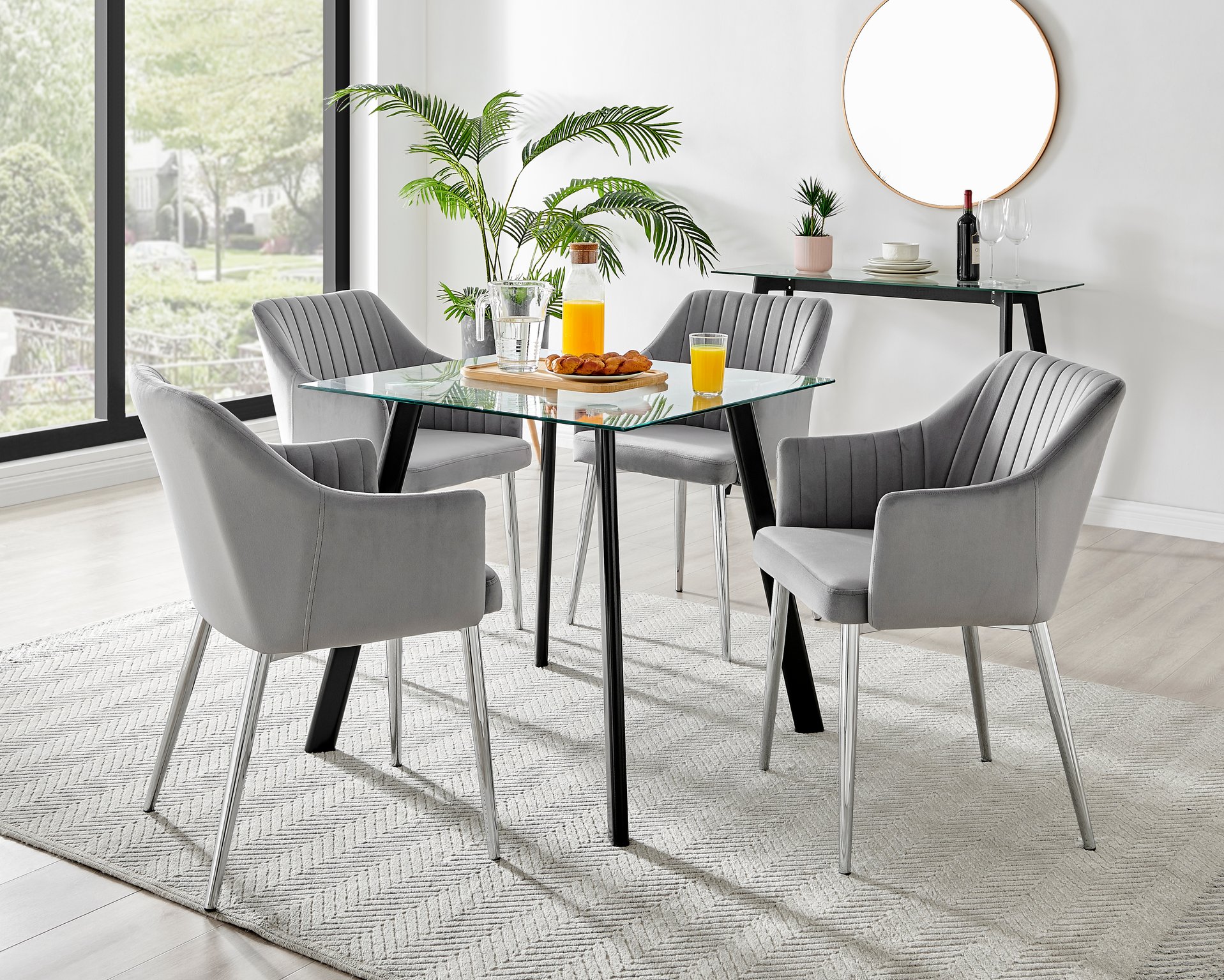 Seattle Glass and Black Leg Square Dining Table & 4 Calla Silver Leg Chairs - Picture 12 of 71
