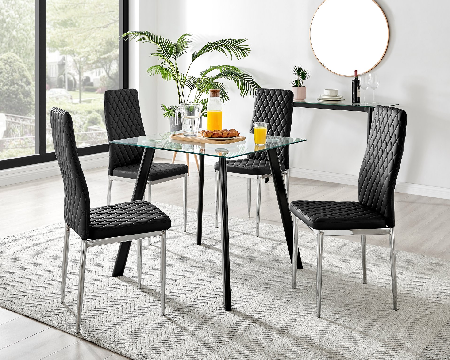 Seattle Glass and Black Leg Square Dining Table & 4 Milan Chrome Leg Chairs - Picture 60 of 71