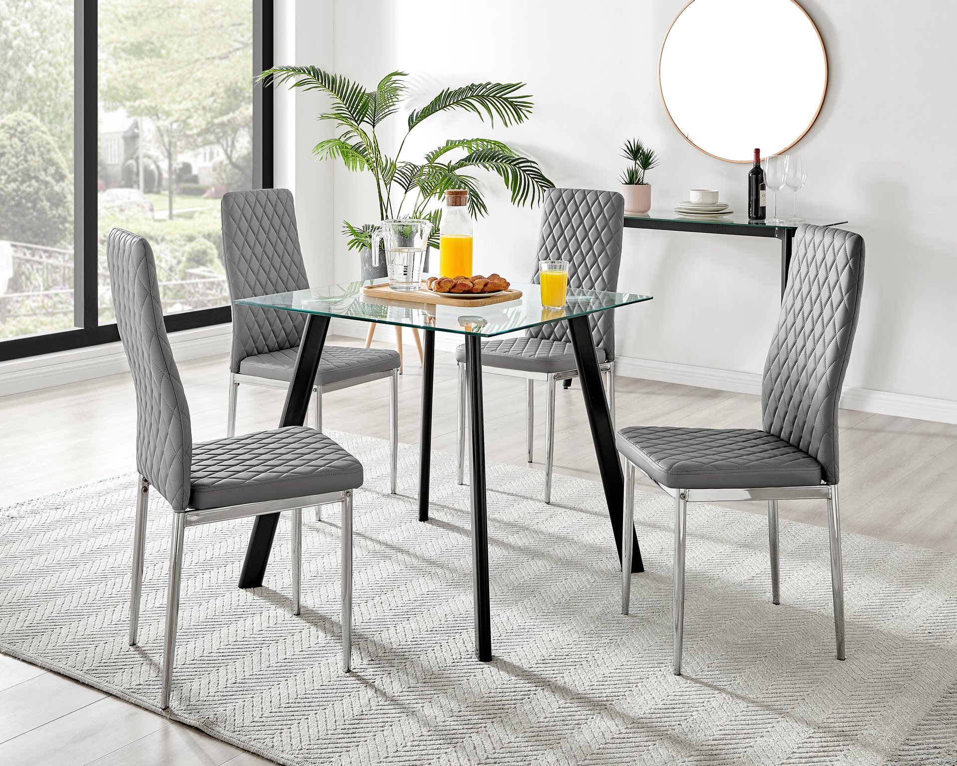 Seattle Glass and Black Leg Square Dining Table & 4 Milan Chrome Leg Chairs - Picture 36 of 71