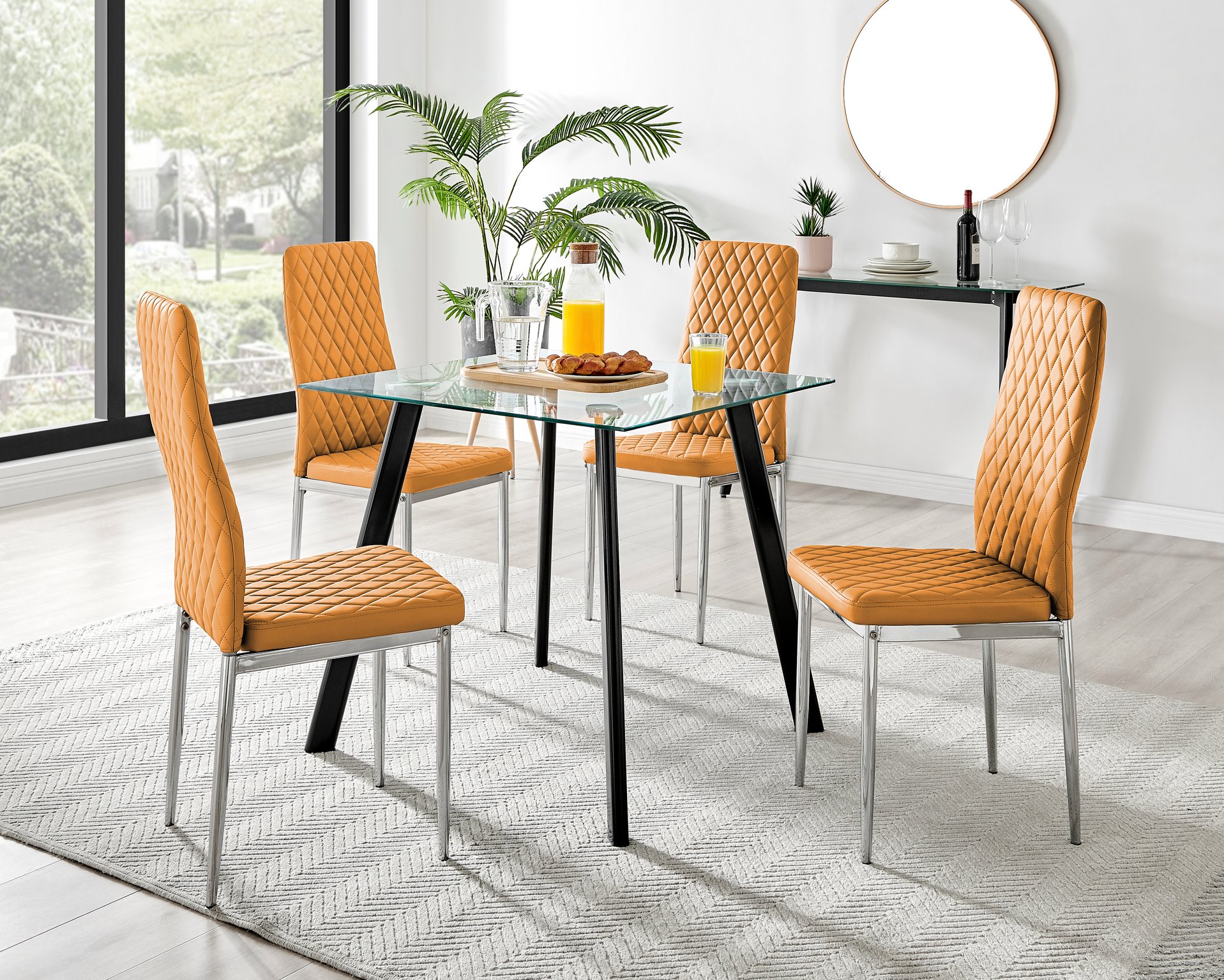 Seattle Glass and Black Leg Square Dining Table & 4 Milan Chrome Leg Chairs - Picture 24 of 71