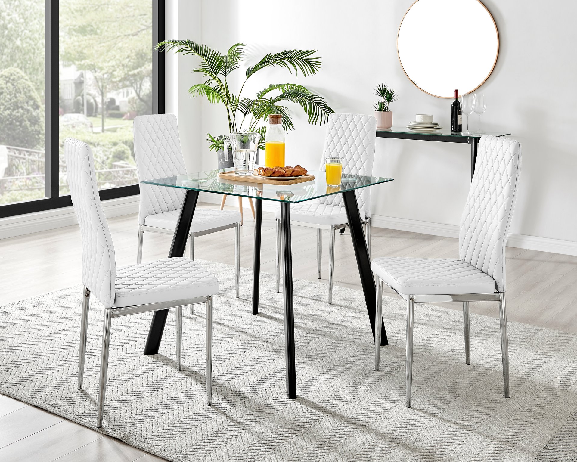 Seattle Glass and Black Leg Square Dining Table & 4 Milan Chrome Leg Chairs - Picture 12 of 71