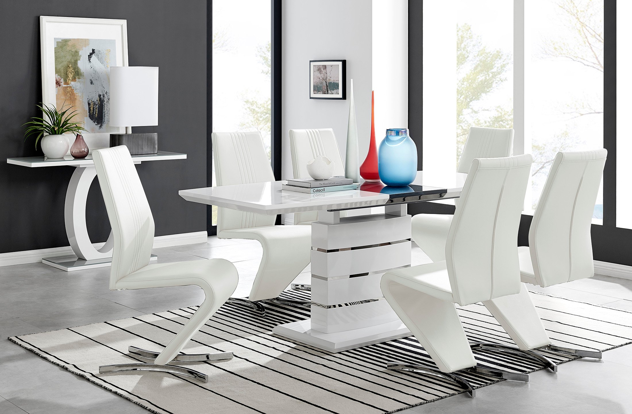 RENATO White Gloss Chrome Extending Dining Table &6/8 Faux Leather Dining Chairs - Picture 590 of 601