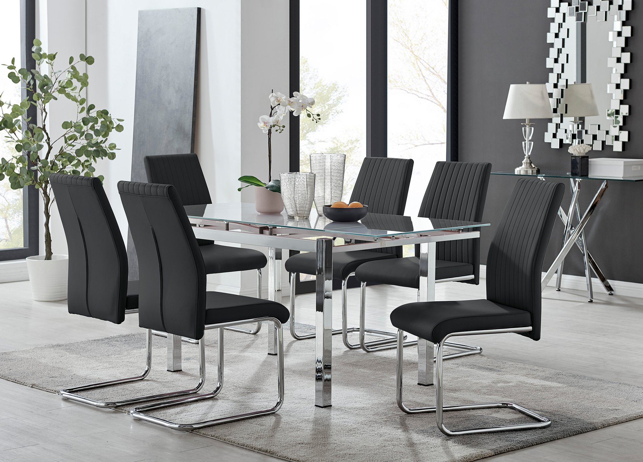 6 black and chrome dining chairs