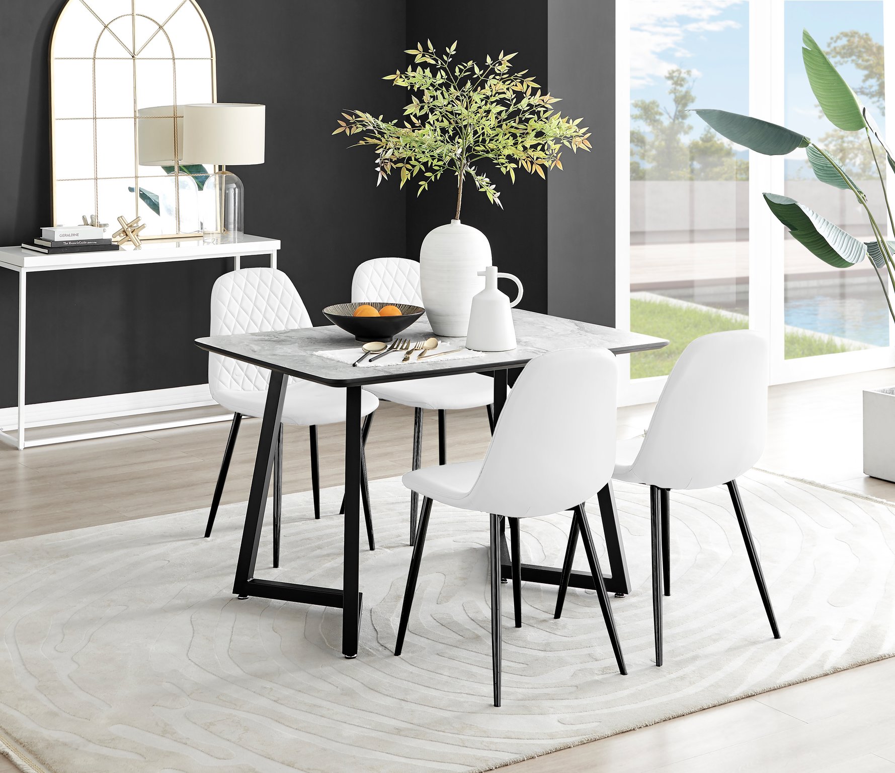 Carson White Dining Table, Marble Effect & 4 Corona Black Leg Chairs, Ergonomic