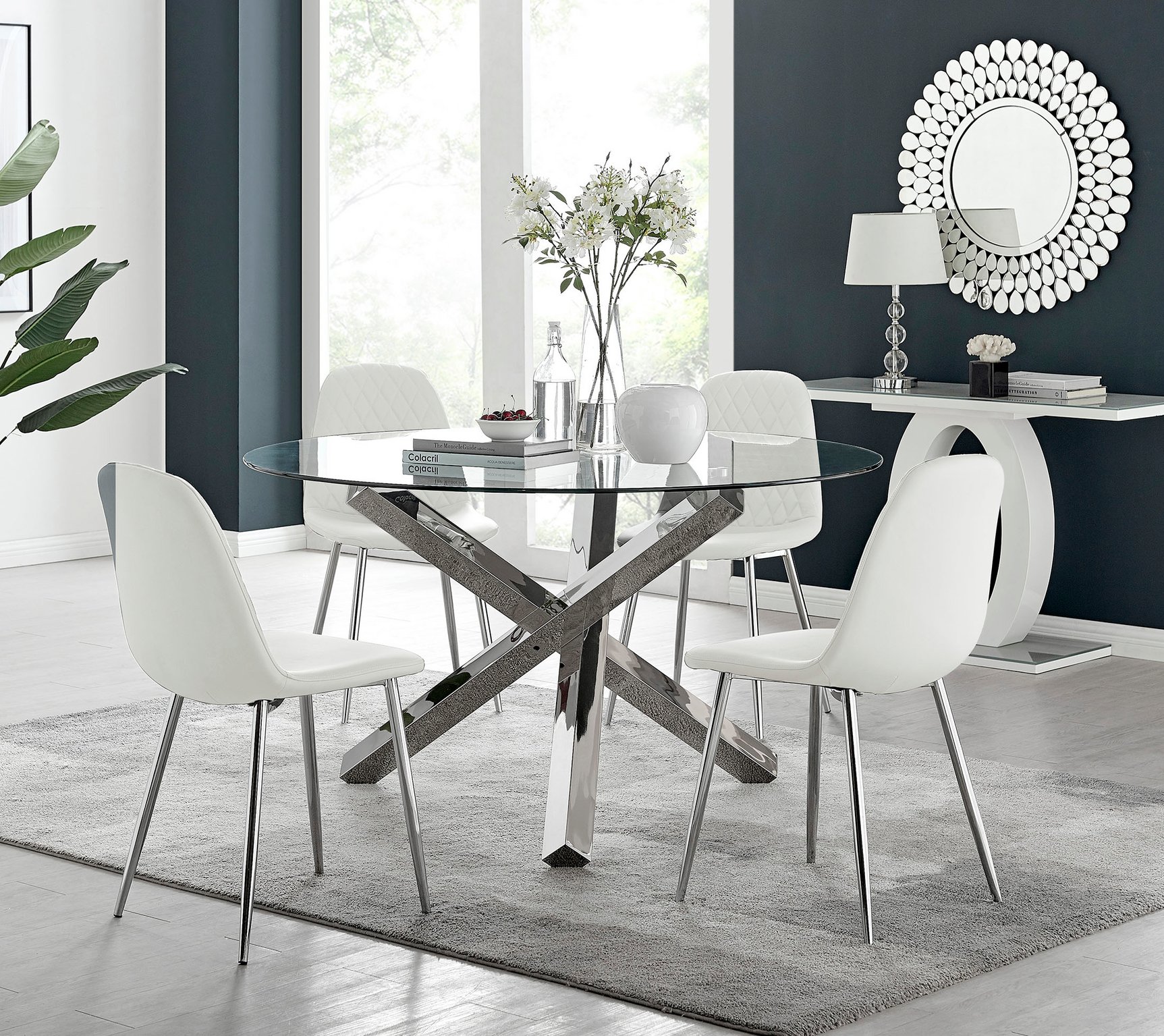 VOGUE Large Round Glass and Chrome Dining Table & 4 Corona Faux Chairs - Picture 143 of 154