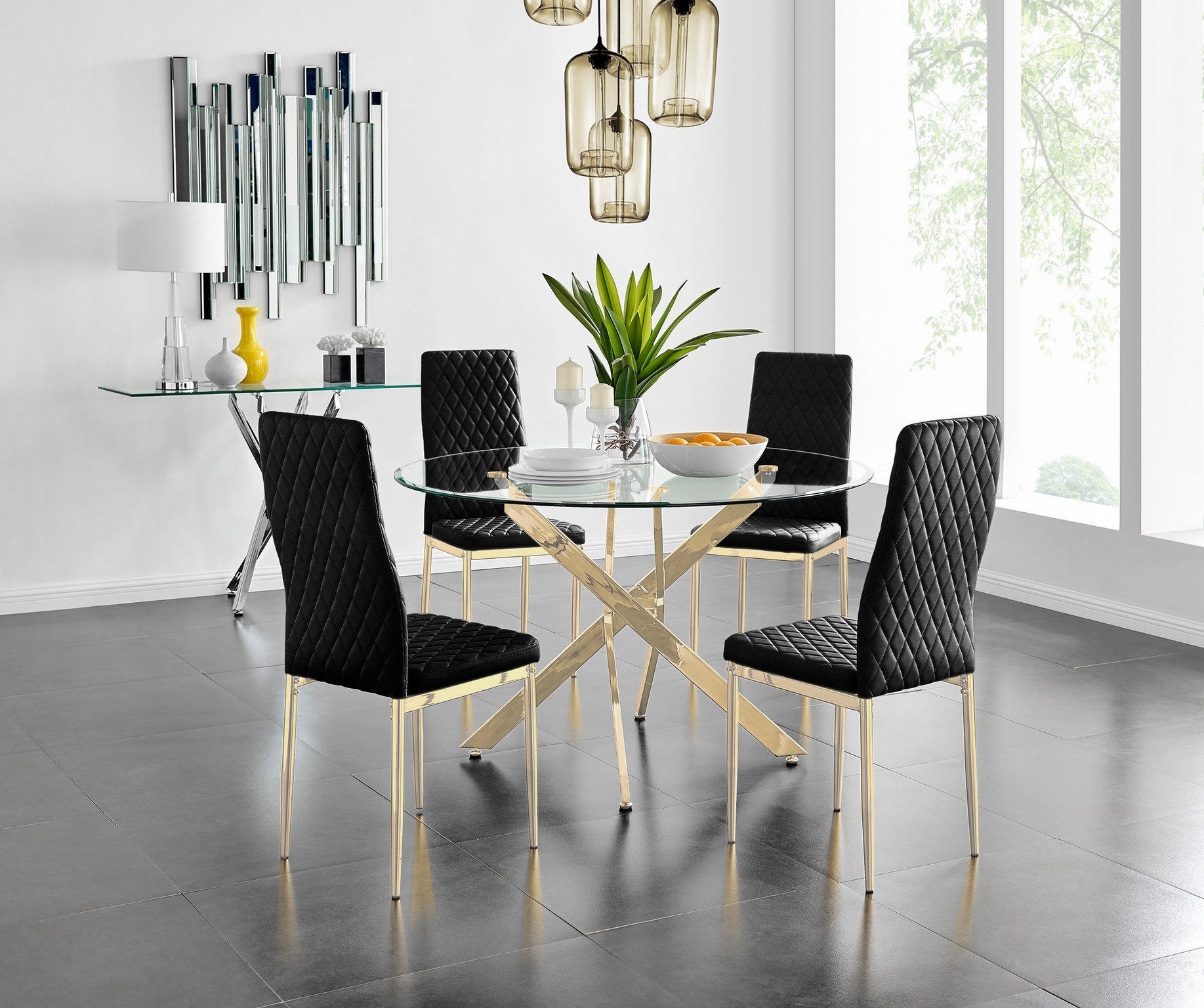 Novara 120cm Gold Round Dining Table and 4 Velvet Milan Gold Leg Chairs - Picture 6 of 65