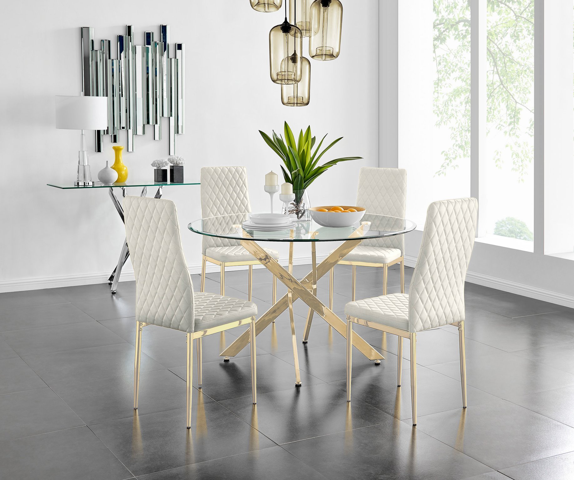 Novara 120cm Gold Round Dining Table and 4 Velvet Milan Gold Leg Chairs - Picture 30 of 65
