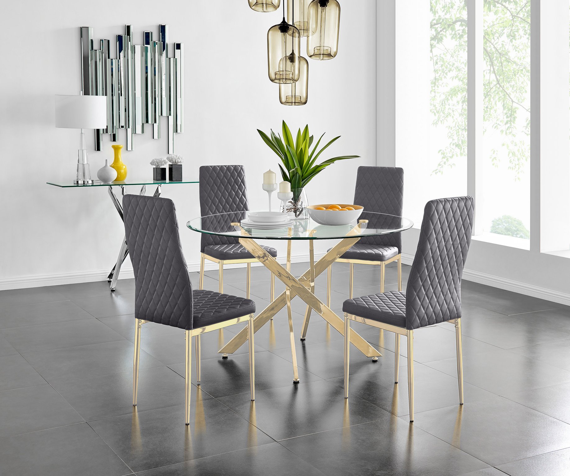 Novara 120cm Gold Round Dining Table and 4 Velvet Milan Gold Leg Chairs - Picture 54 of 65